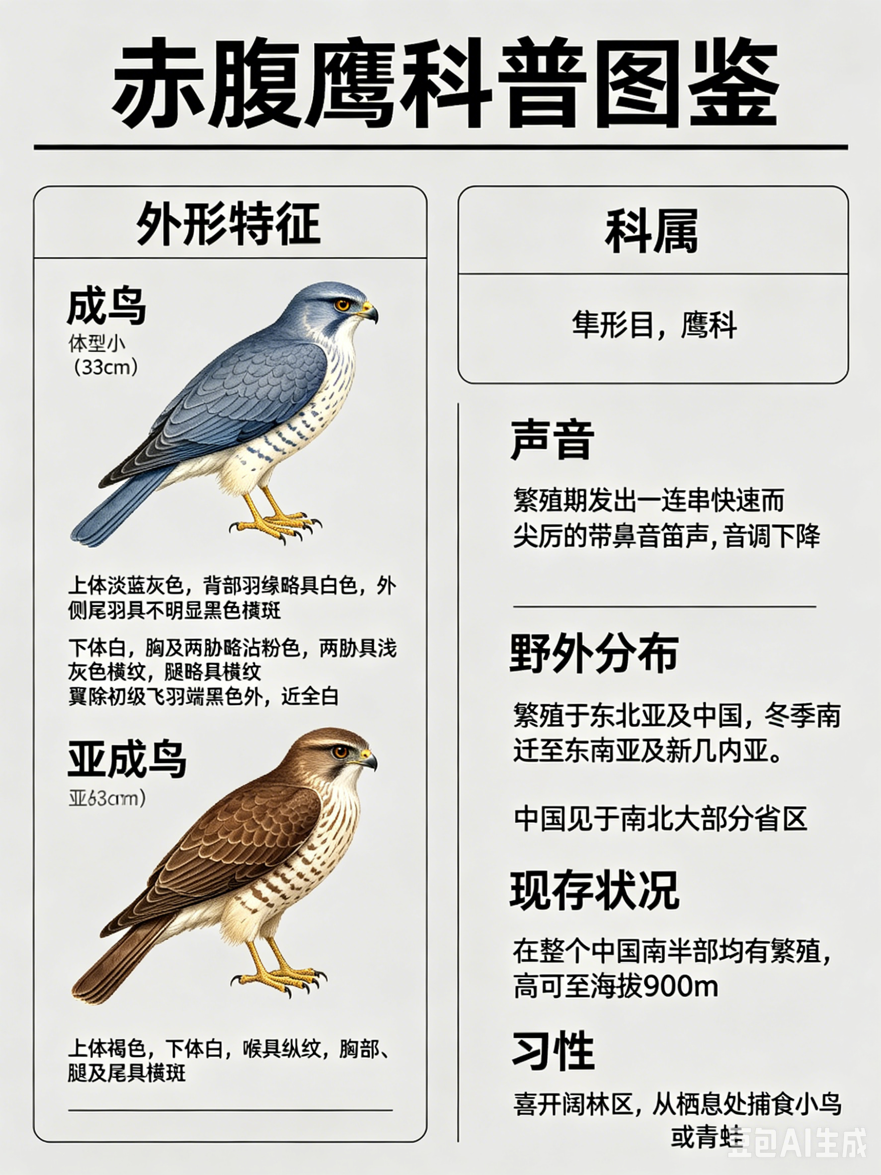 鸟类朋友图鉴 赤腹鹰·科属：隼形目，鹰科。·外形特征：体型小（33cm）的鹰类。