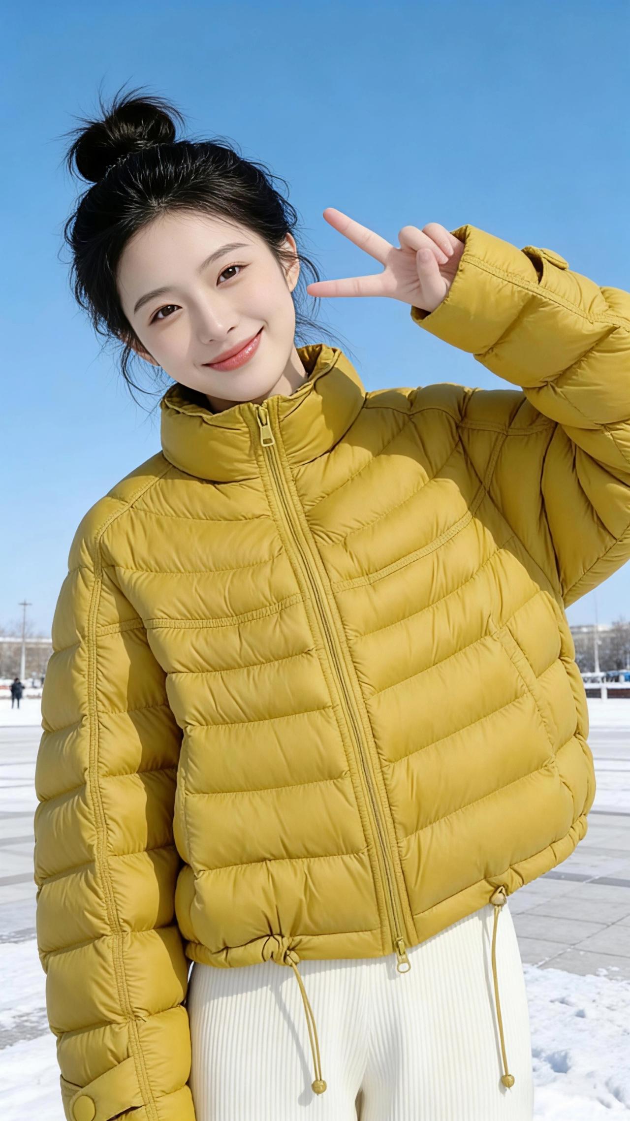 冬阳下的黄羽绒
 
雪后的广场是被蓝天框住的一块冰玉，风里浮着细碎的雪粒，落在衣