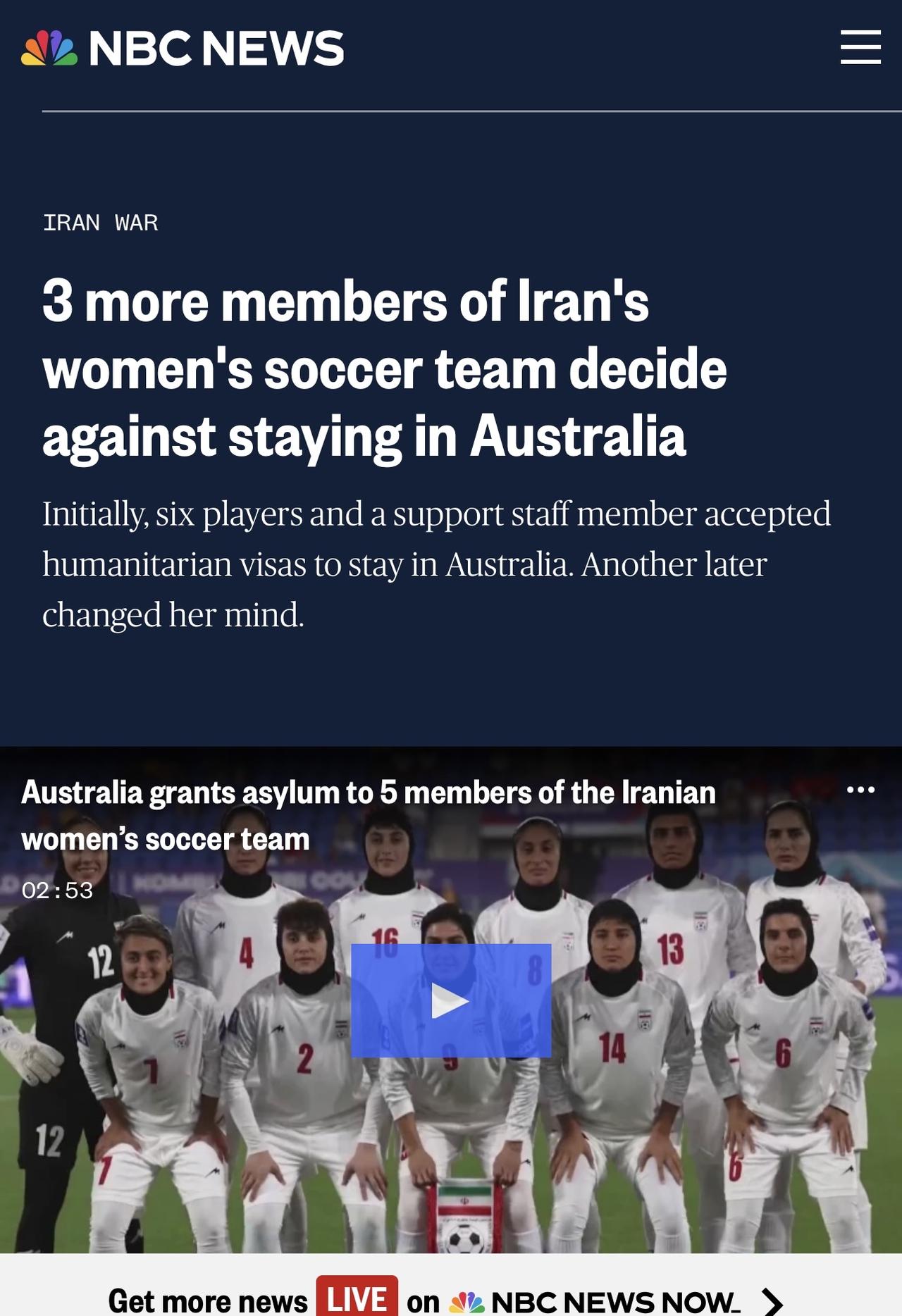 澳大利亚政府一位部长表示，另有三名接受难民签证留在澳大利亚的伊朗女足队员决定返回