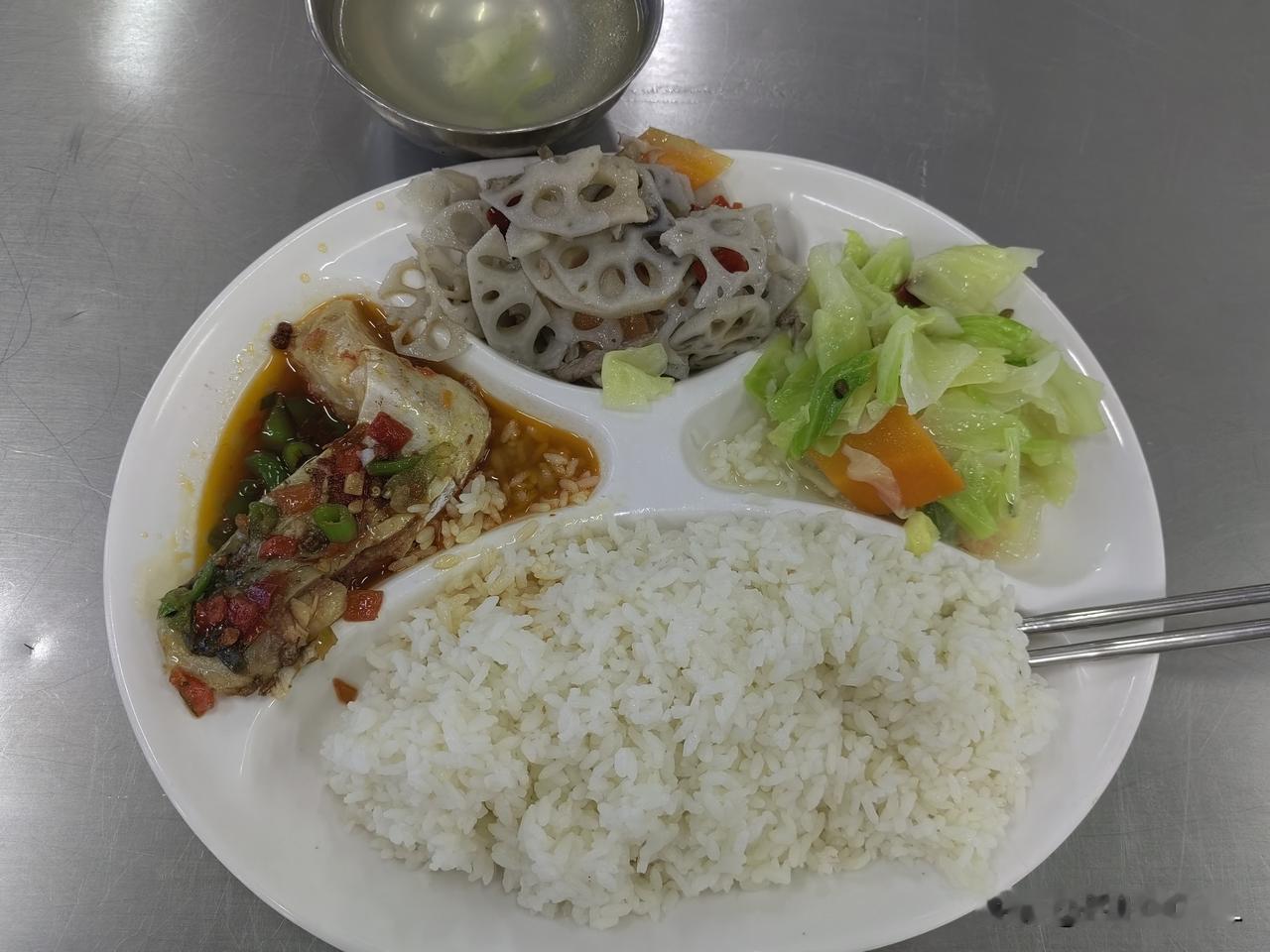 今天下大雨，就不回家吃午饭了，来一份充满人间烟火气的食堂午餐。鲜嫩的鱼块浸在红亮