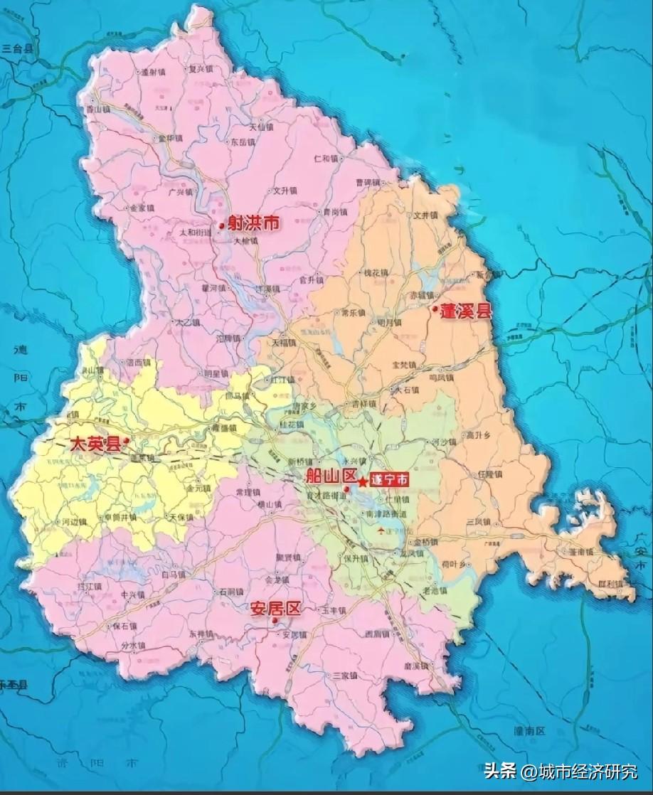 遂宁市各区县市位置示意图，图片里属于遂宁市各区县市位置示意图，从图片来看船山区位