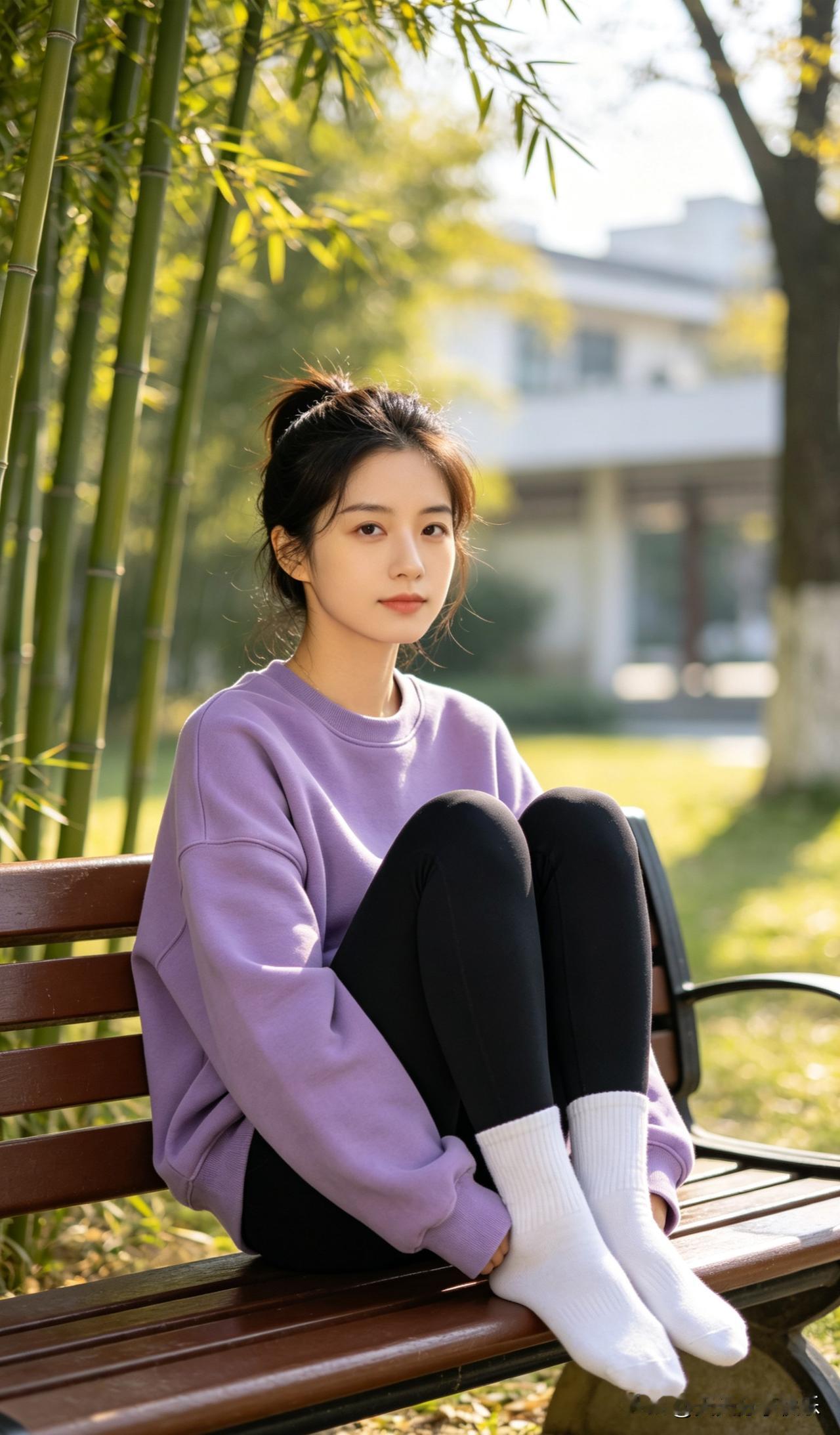 ai宝妈坐在公园的长凳上休息，宝妈非常文静。ai宝妈 宝妈 ai辣妈 辣妈 宝妈