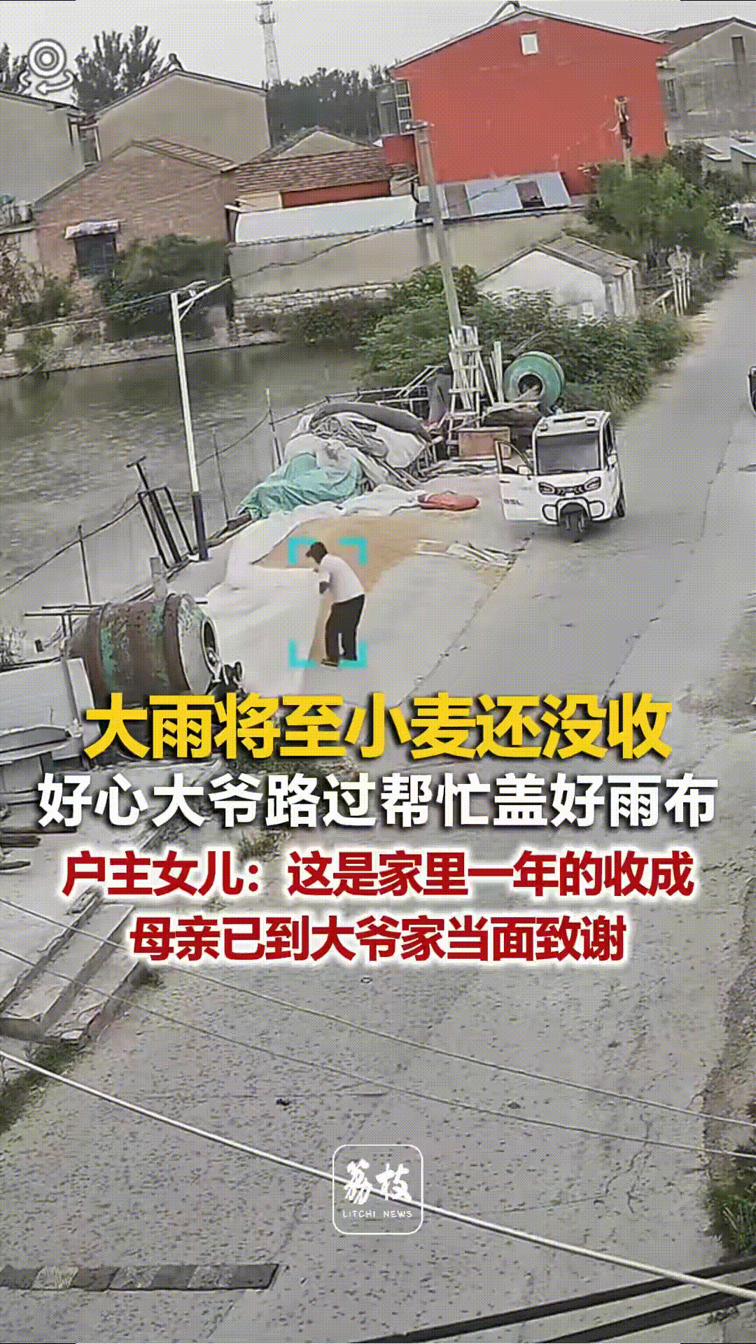 突然下雨了，

一位骑电三轮的大爷

发现路边

晾晒的一大堆麦子还没有盖住，