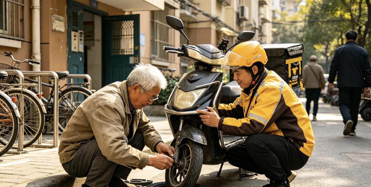 今天在小区门口，一位外卖小哥的电动车突然爆胎。他蹲在路边，急得满头大汗。这时，路