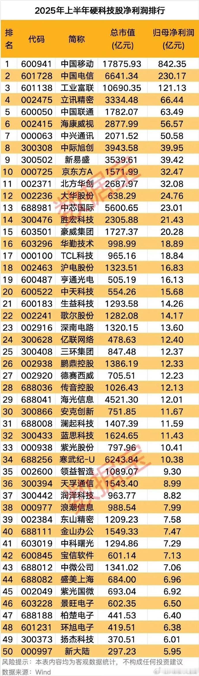 2025年硬科技净利润表格AI芯片AI大模型 ​​​