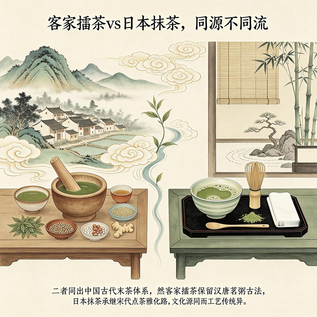 客家擂茶与日本抹茶，虽然均是同源于中国古代末茶体系。但二者起点，并不相同。从工艺