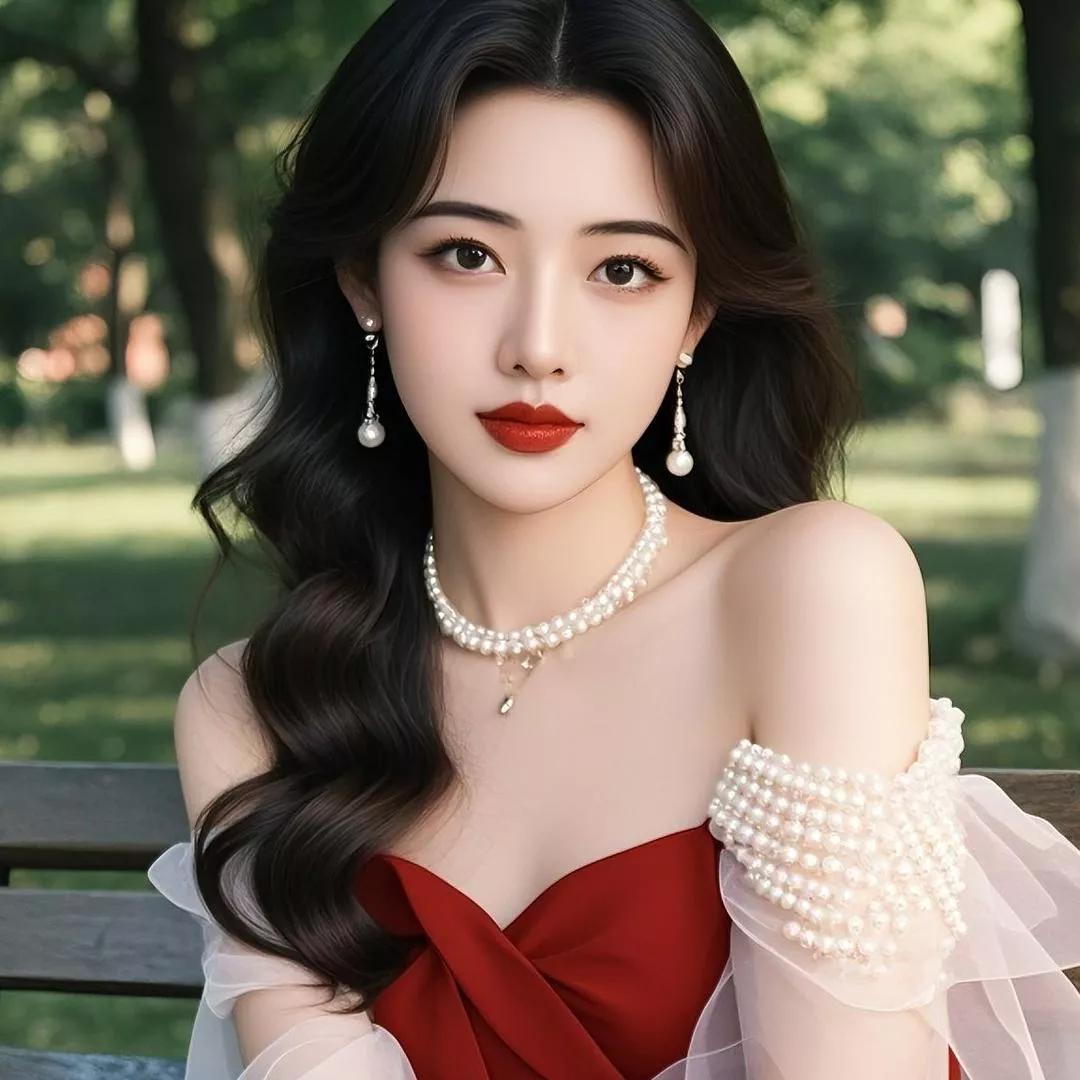 优雅红唇美人，珍珠项链闪耀，户外绿意盎然。露肩珍珠照 项链佳人写真 珍珠写真照 