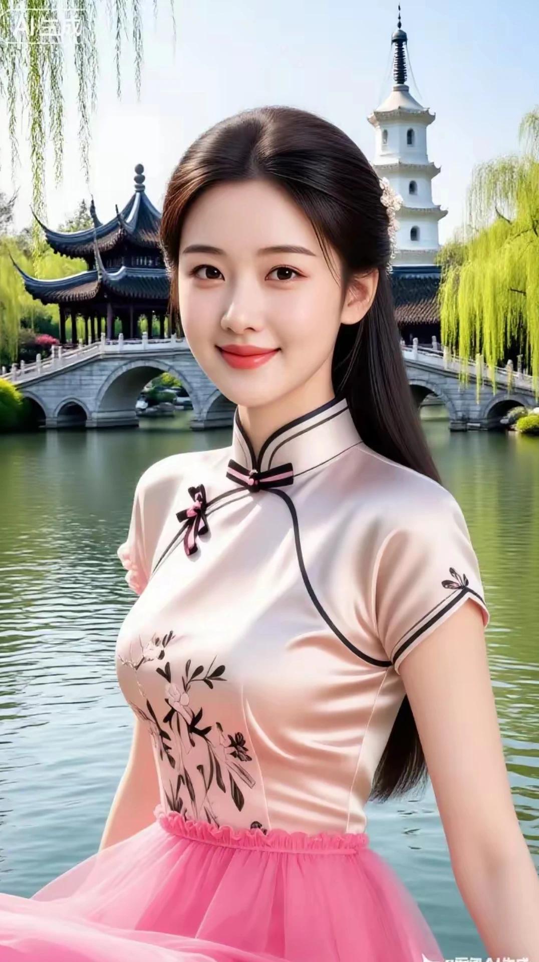 江南美女，旗袍雅韵。
贴身裁剪，凸显性感。
身姿妙曼，曲线优美。
一把折扇 ，一