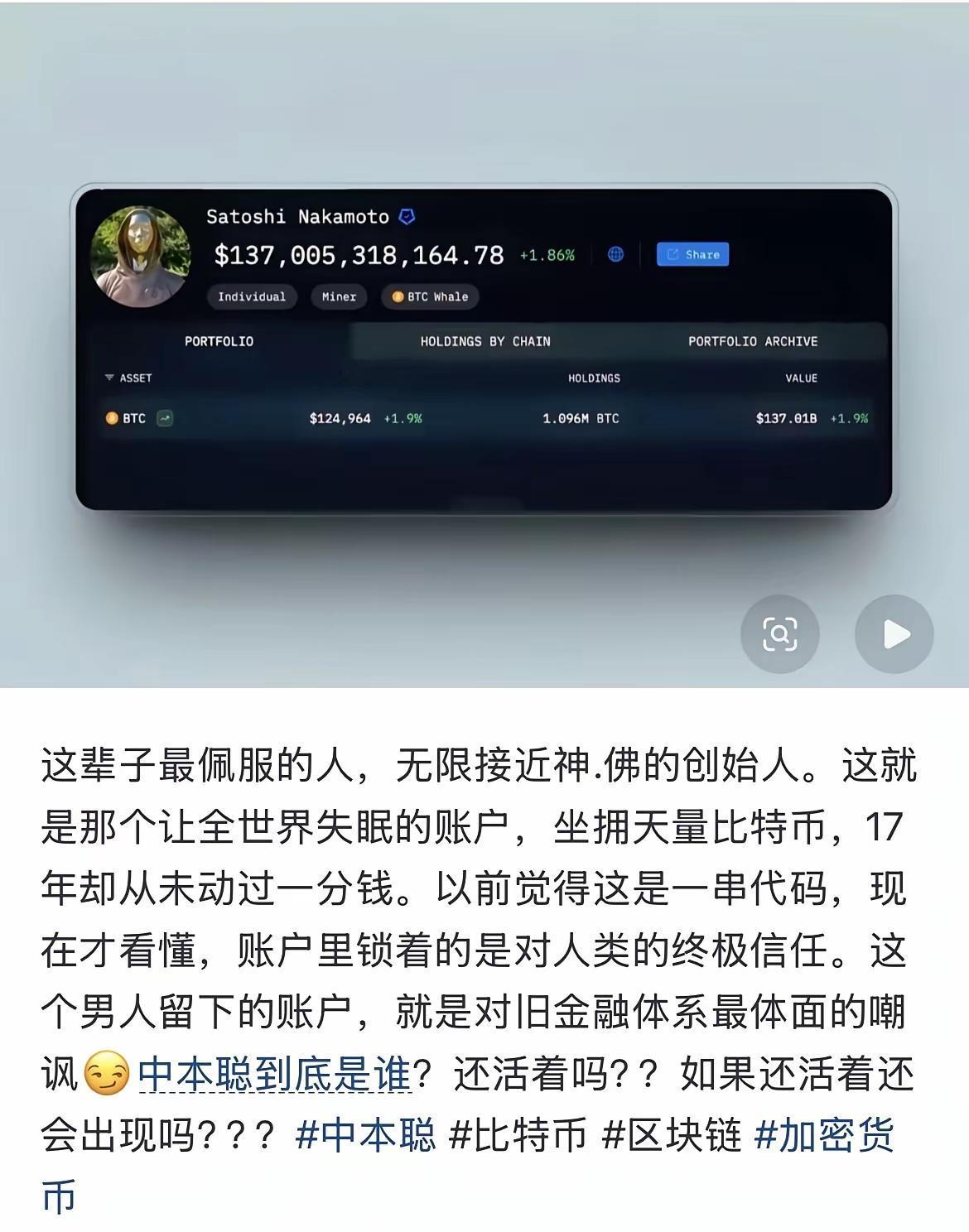没人见过真实的中本聪，也没有他的照片。

跟中本聪相关地址：约有 1,096,0