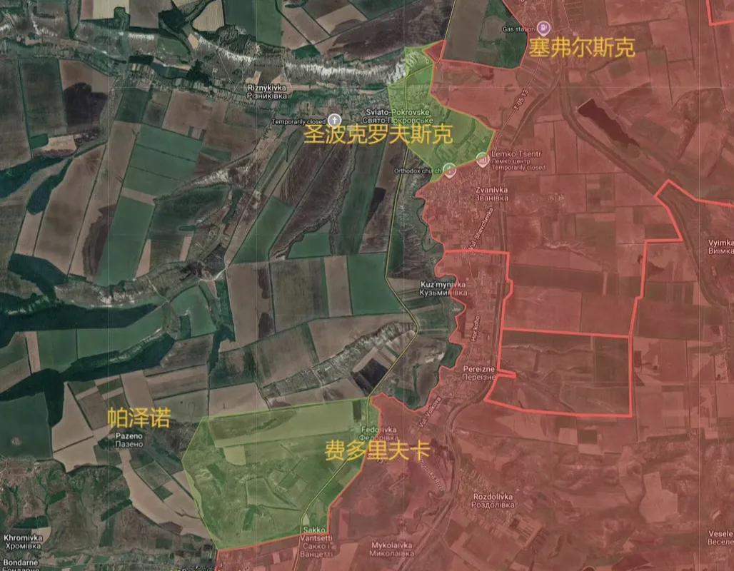 谢韦尔斯克（塞弗尔斯克）方向，俄军南部集群继续在南边推进，占领了圣波克罗夫斯克东