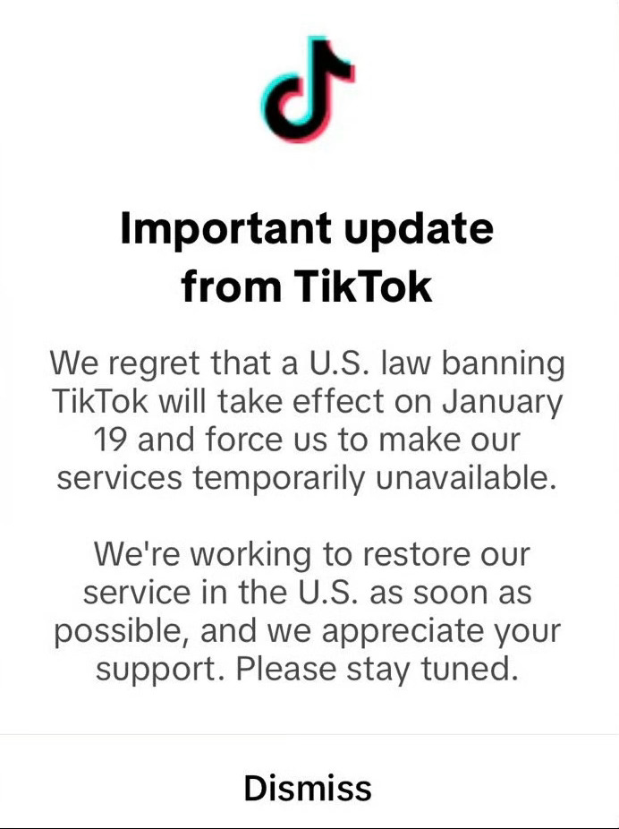 TikTok通知美用户将暂停服务   TikTok已经开始发弹窗了，当地时间1月