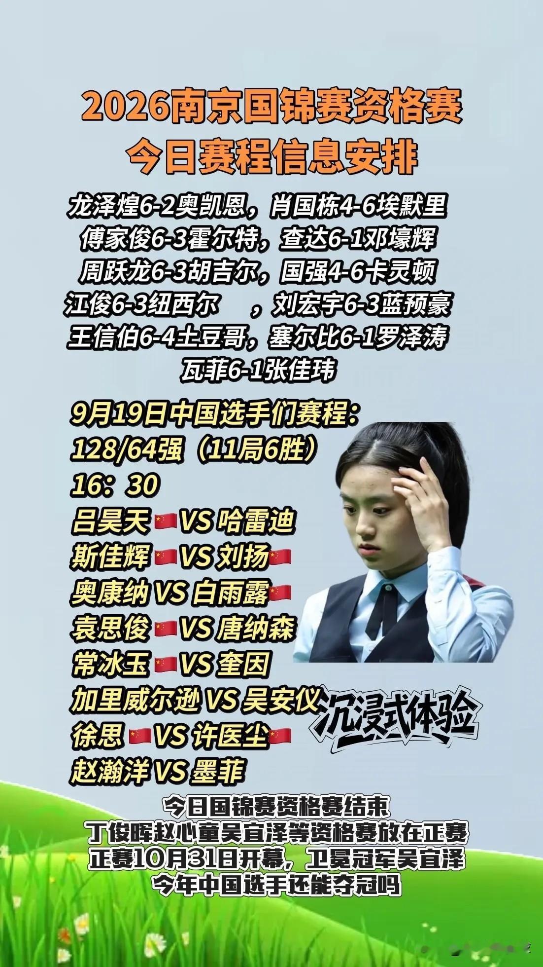 9特19日南京国锦赛资格赛赛程安排，今日国锦赛资格赛结束
丁俊晖赵心童吴宜泽等资