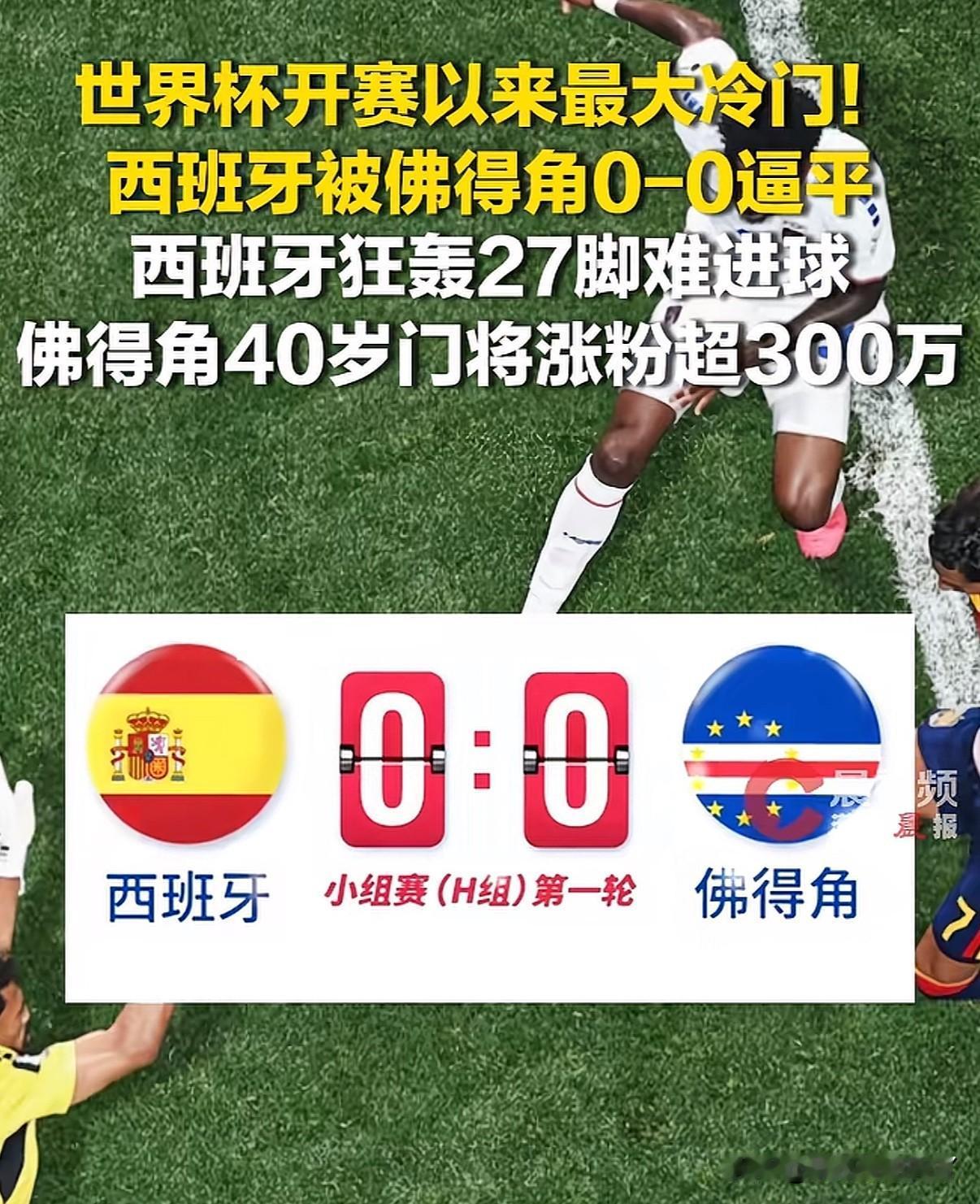 世界杯开赛以来最大的冷门出现了
佛得角0:0逼平西班牙
要知道全国总人口才50万