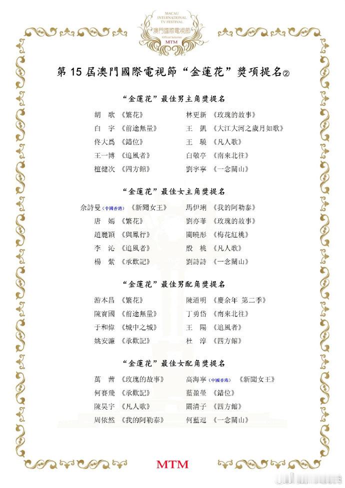 第15届“金莲花”奖提名名单来了，好多优秀演员优秀作品，你看好哪个？【国际电视节