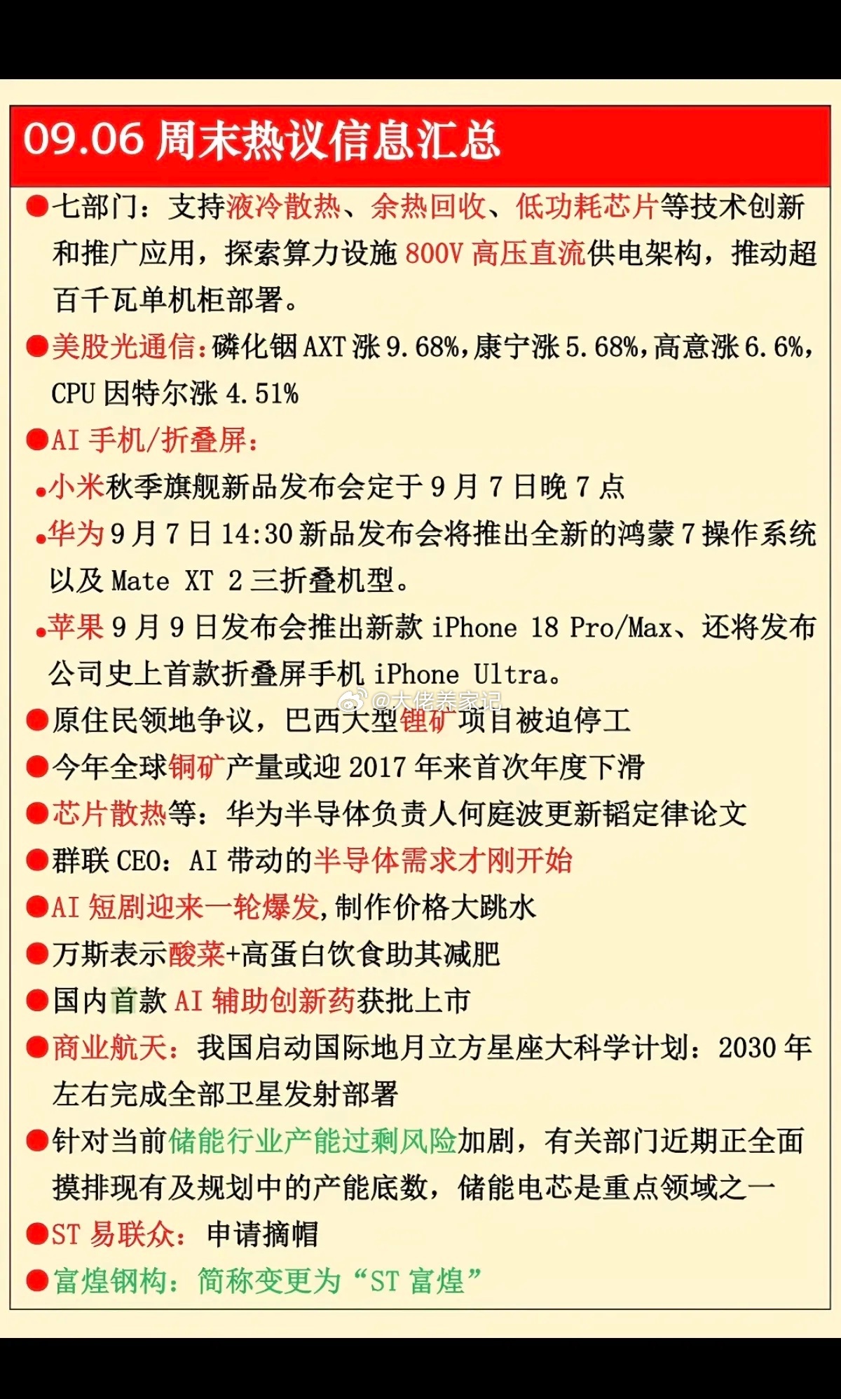9.06周日  周末：市场热议+财经热点必读！1.液冷散热2.折叠屏AI手机3.