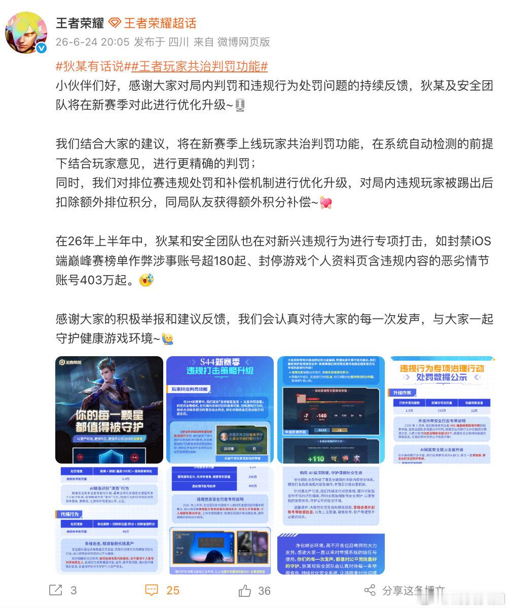 【王者上线玩家共治判罚功能】王者判罚新功能 6月24日，发文表示：我们结合大家的