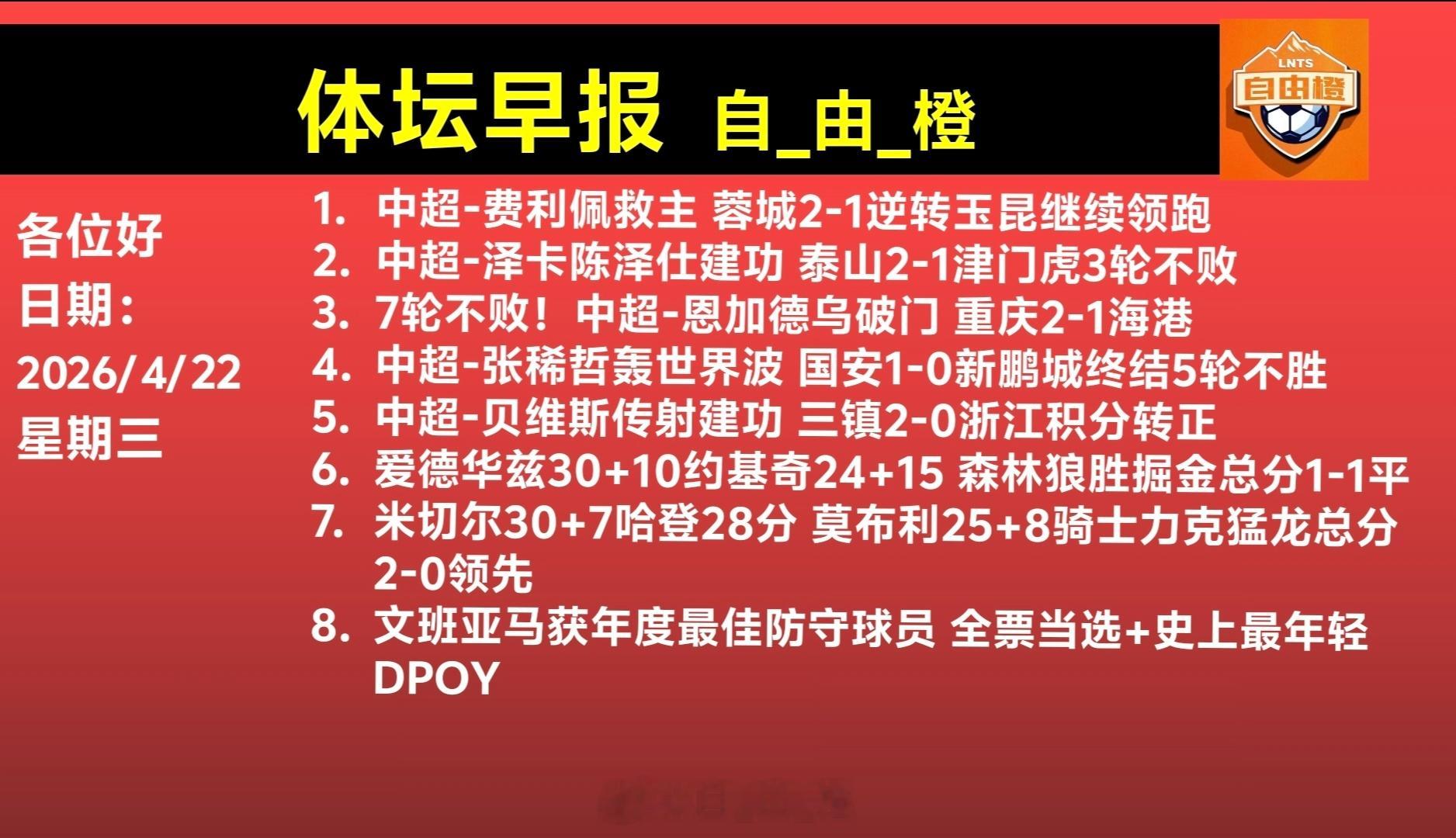 自由橙每日橙语体坛早晚报