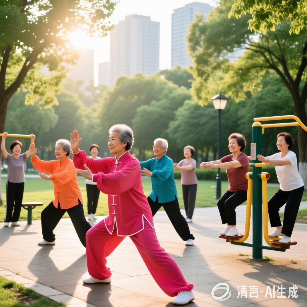 左手边的空地上，阿姨们的红色绸扇正随着《茉莉花》的旋律上下翻飞，领舞的那位鬓发已