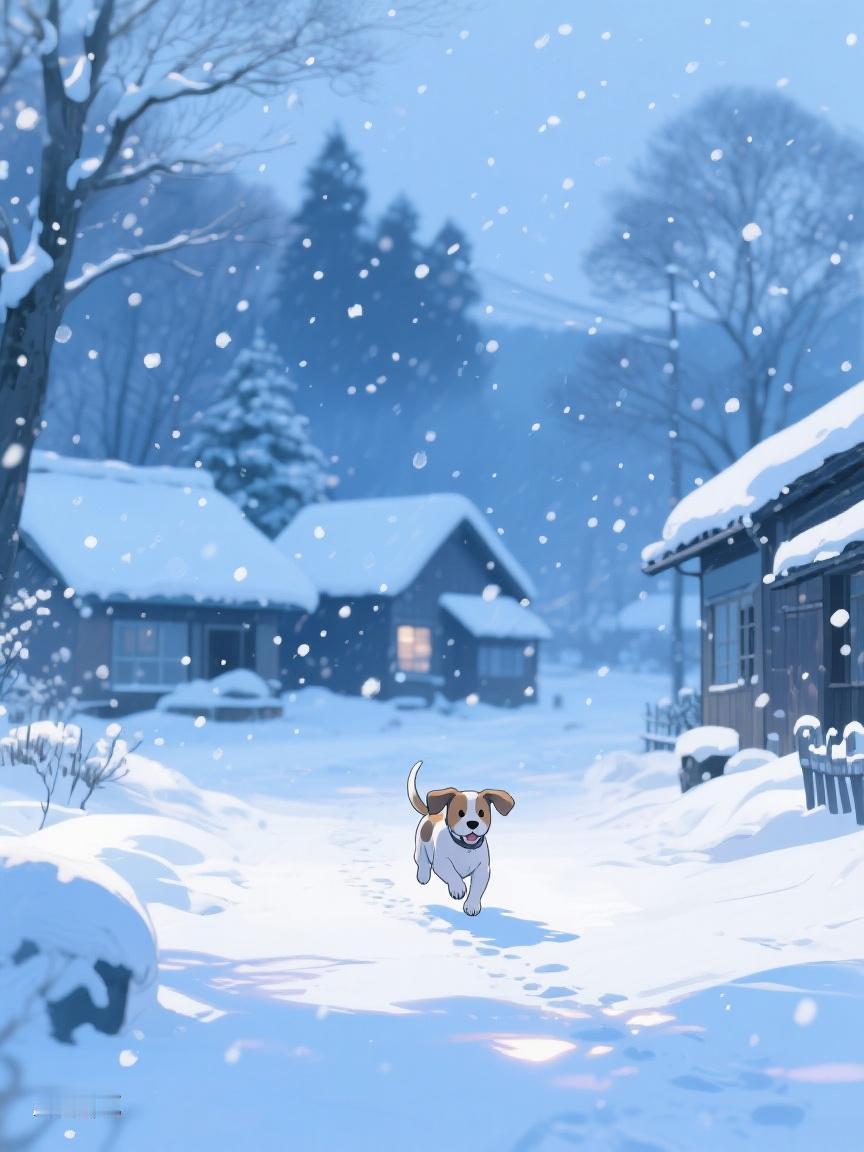 AI妙生图雪花纷扬，那只小狗在雪巷欢跑，每一步似都踏出冬日的诗意，且沉浸其中