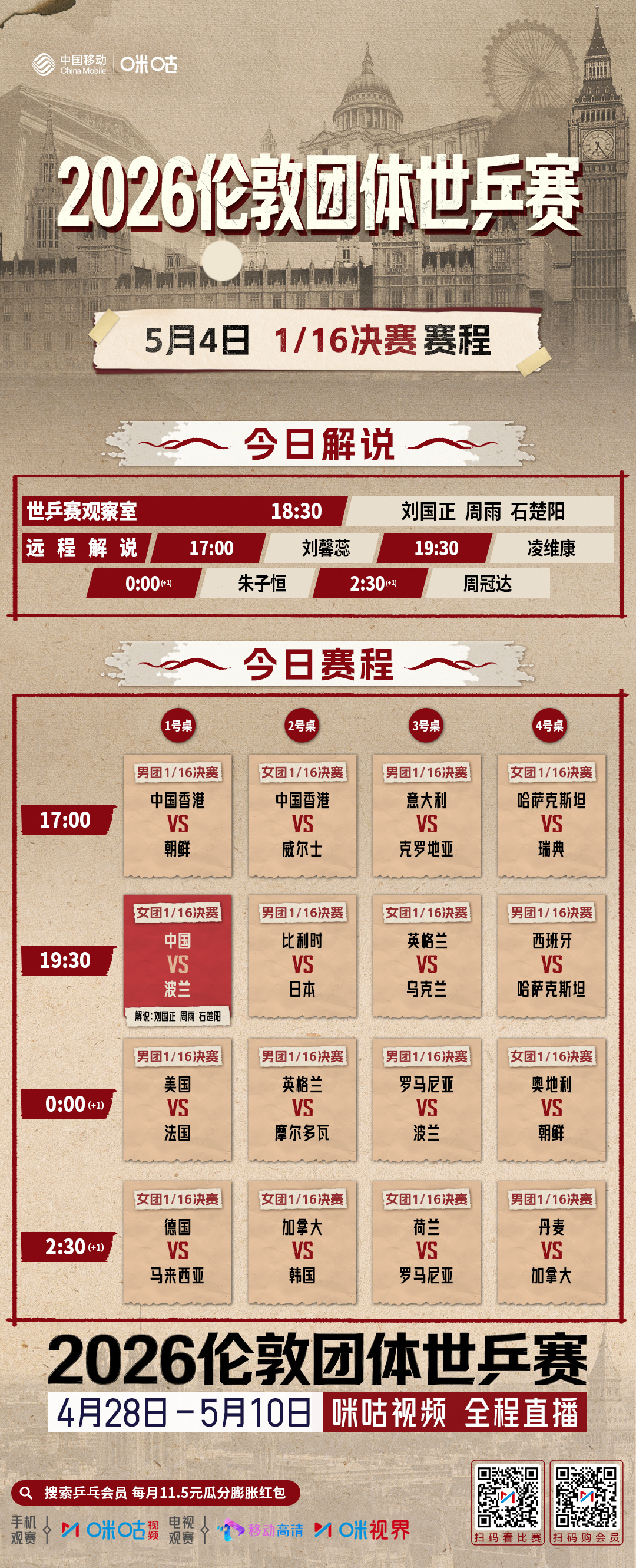 #2026伦敦团体世乒赛#  Day3️⃣赛程💪 男、女团1/16决赛开打🇨