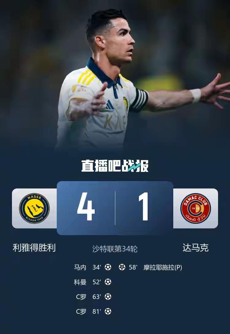C罗双响利雅得胜利4-1大胜强势夺冠，C罗上演任意球破门+精彩梅开二度，斩获个人