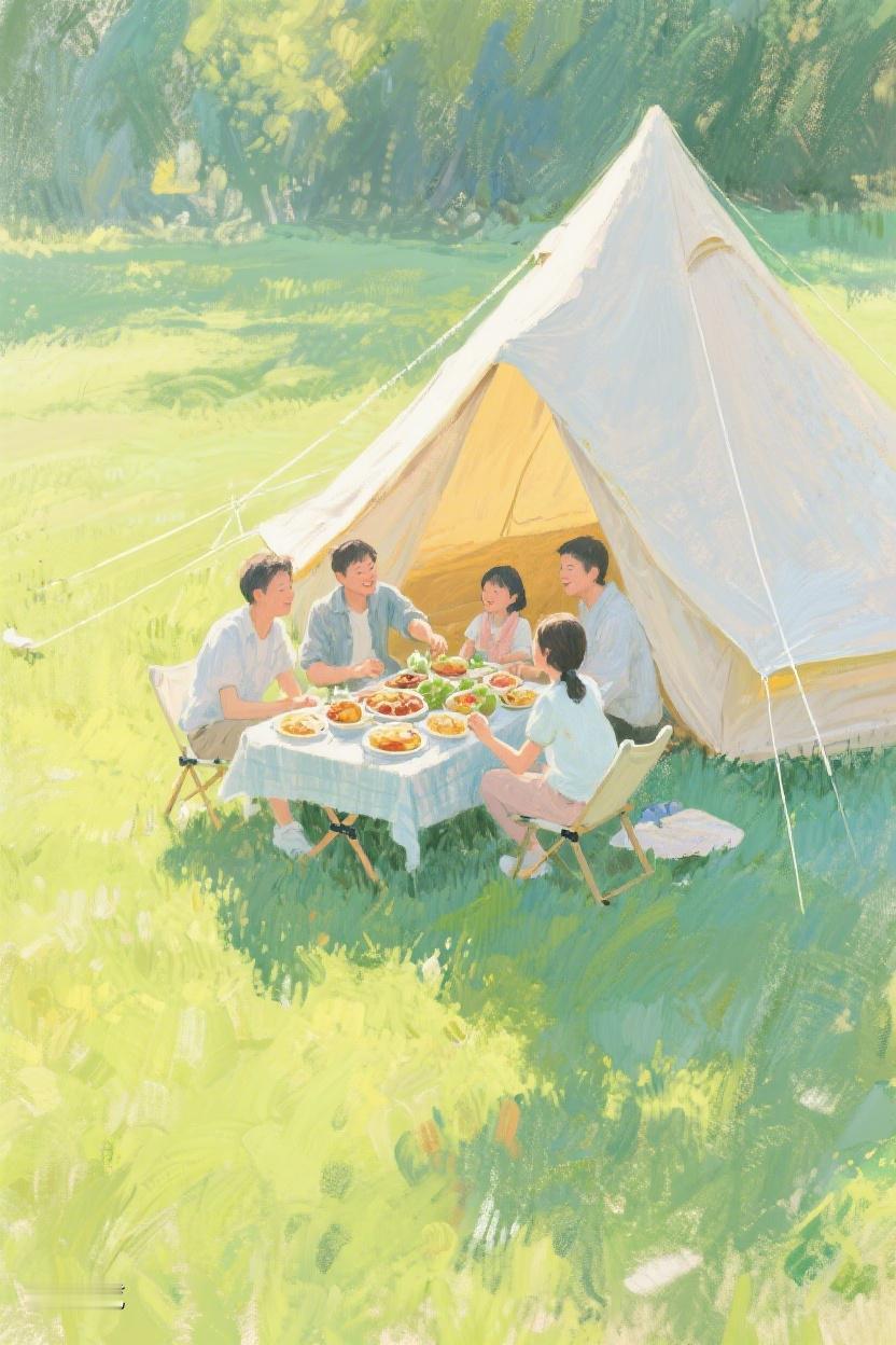 AI随心绘在绿草如茵处，一顶帐篷下，美食相伴，时光于此偷闲，忘却烦忧，何其惬意?