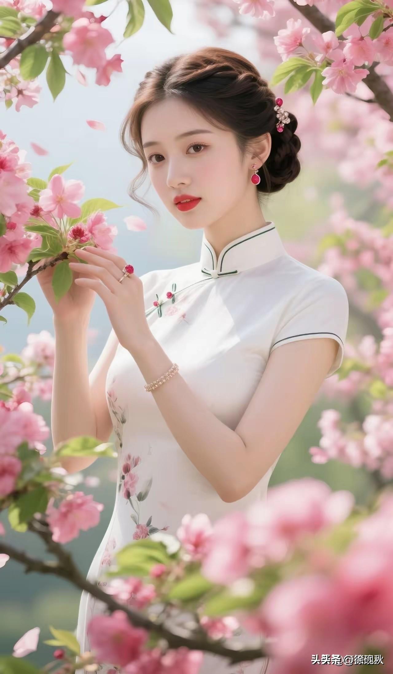 粉云堆雪绕芳丛，
玉立佳人浅笑中。
最是江南春好处，
旗袍雅致倾人城。