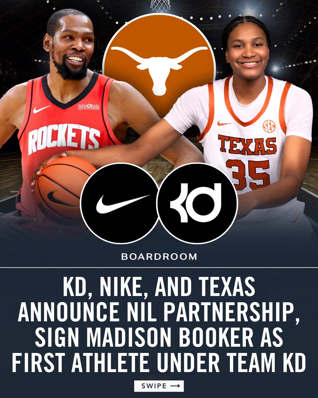 TEAM KD第一位成员！今天，杜兰特与德克萨斯大学宣布启动一项全面的NIL计划