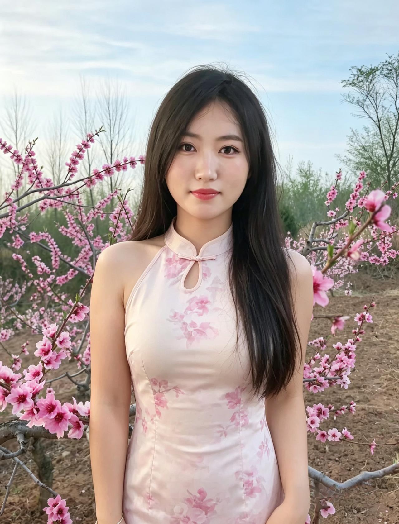 粉桃千树映春妆，
玉颈清裁旗袍香。
浅笑嫣然风亦醉，
人间春色满芬芳。