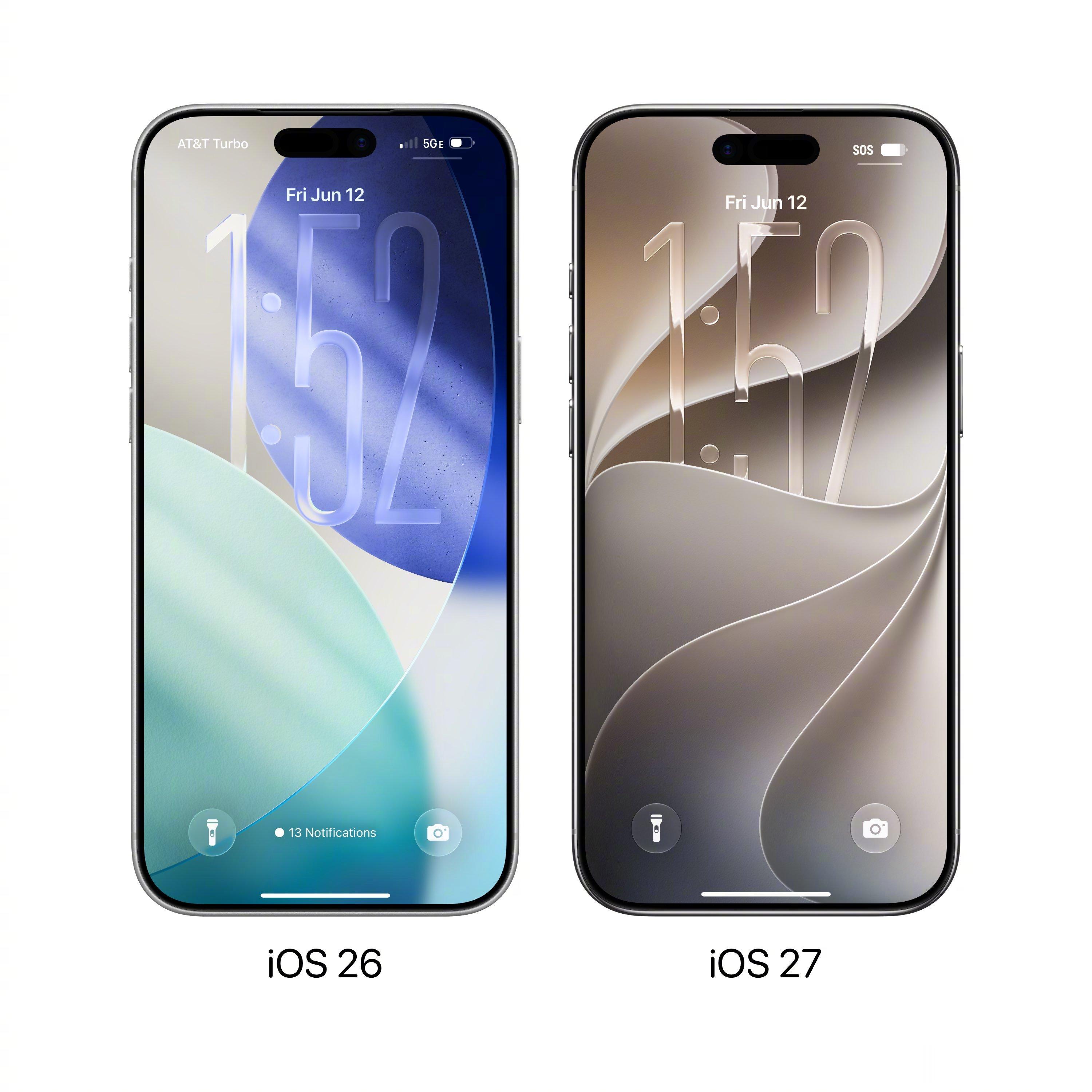 iOS26与iOS27锁屏界面差别挺明显。iOS26采用居中大时钟，搭配液态玻璃