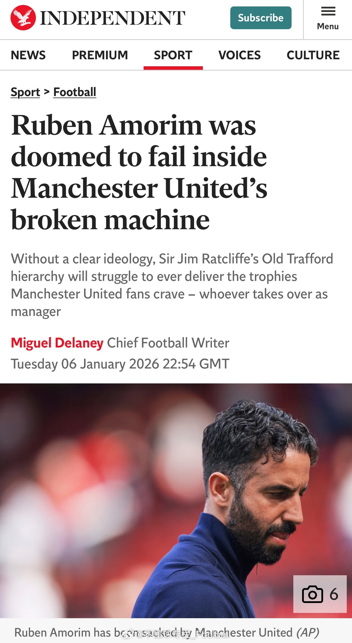 Miguel Delaney在独立报撰写长文讨论阿莫林下课与管理层的关系：- 阿