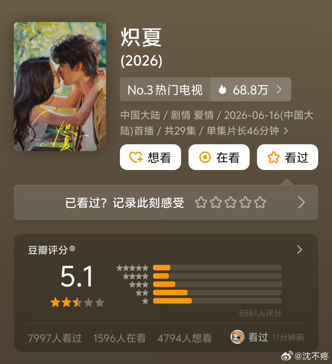 《炽夏》开分居然有5.1，这我都觉得高了，对男女主表演没啥意见，主要编剧导演太蠢