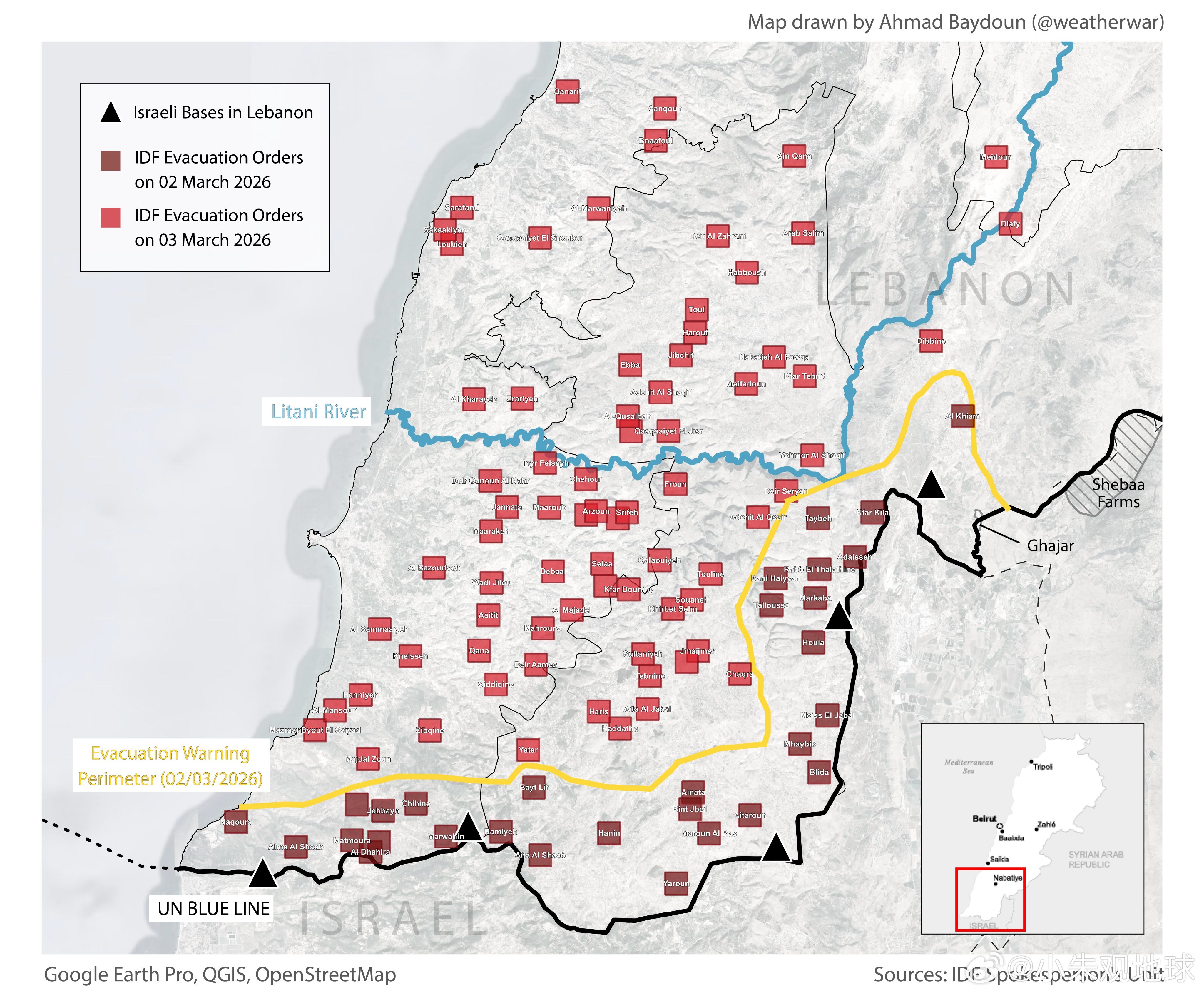 中东局势彻底失控 以色列国防军在过去两天内发布了涉及黎巴嫩南部 105 个村庄的