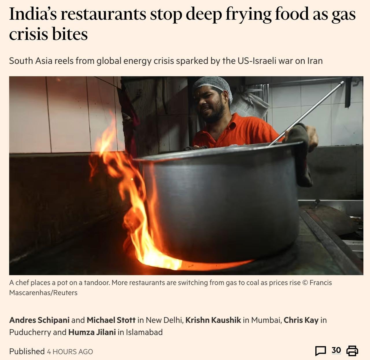 据英国《金融时报》报道，由于中东战乱，南亚地区已出现严重的天然气短缺 在印度，火