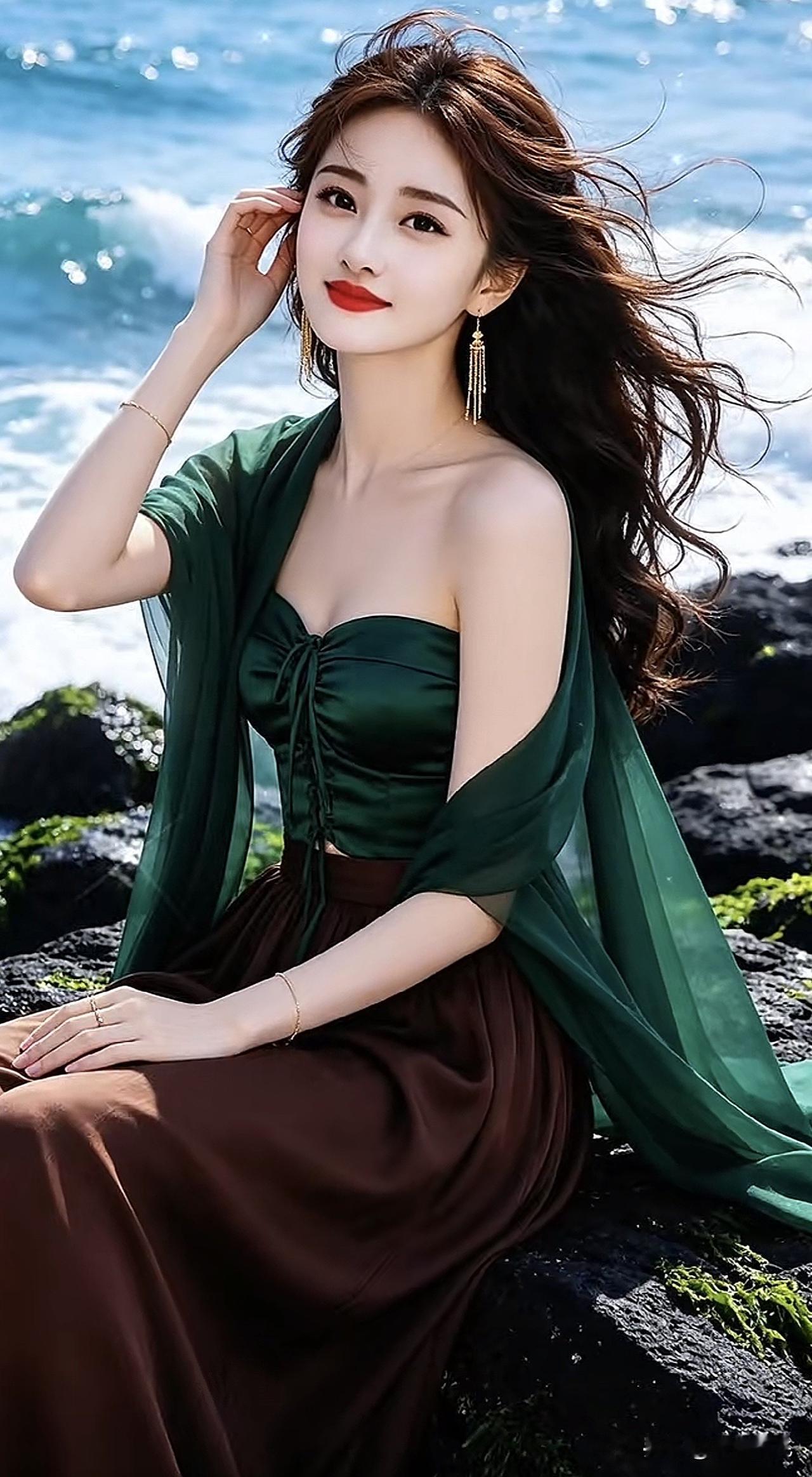 海边飘逸绿裙，红唇轻启，海风轻拂，美不胜收。海边白裙随拍 海边红裙大片 海滨长裙