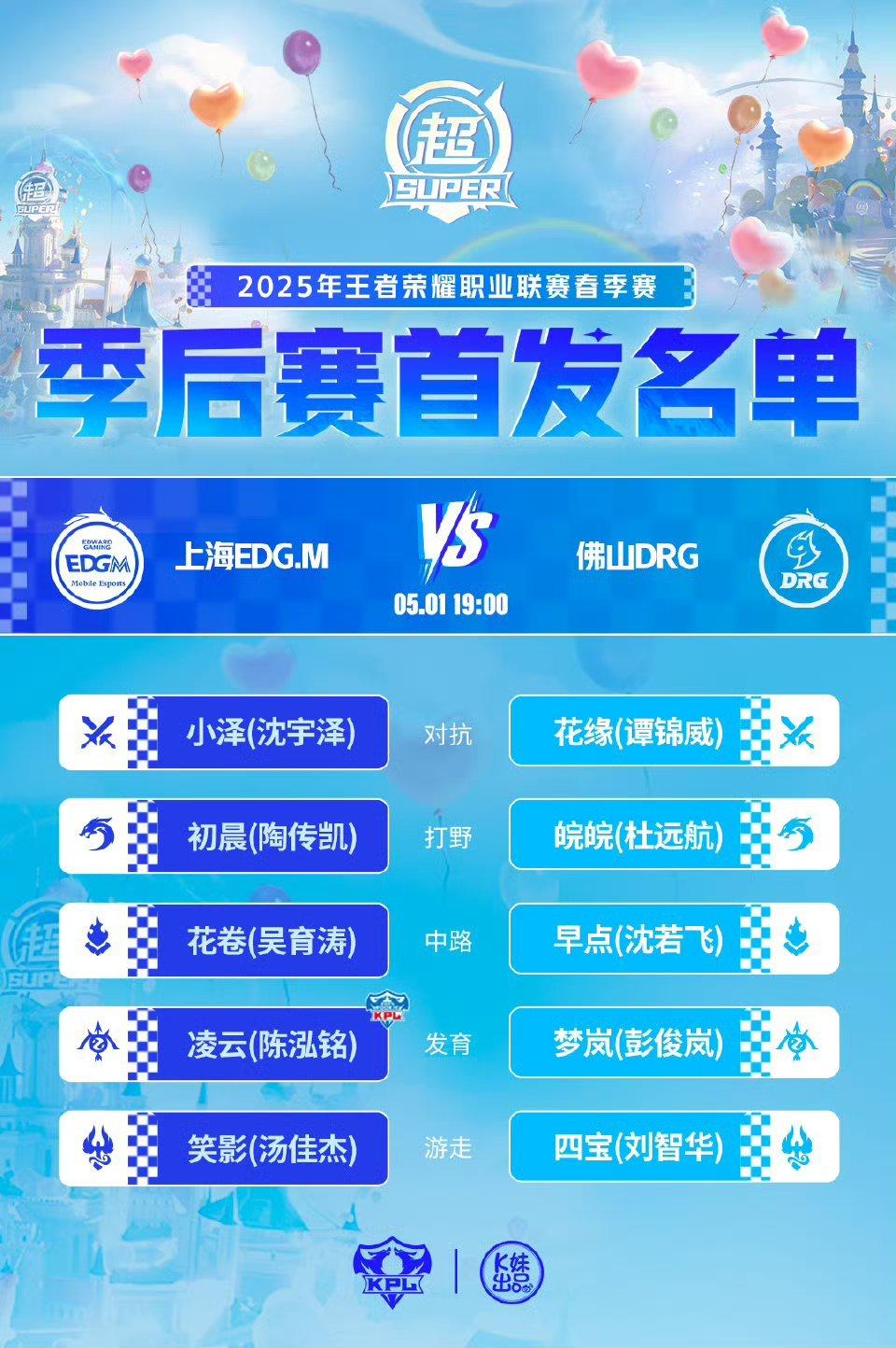 2025KPL春季赛季后赛｜首发名单*解说席：瓶子 黄超 苏沫*主持人 & Su