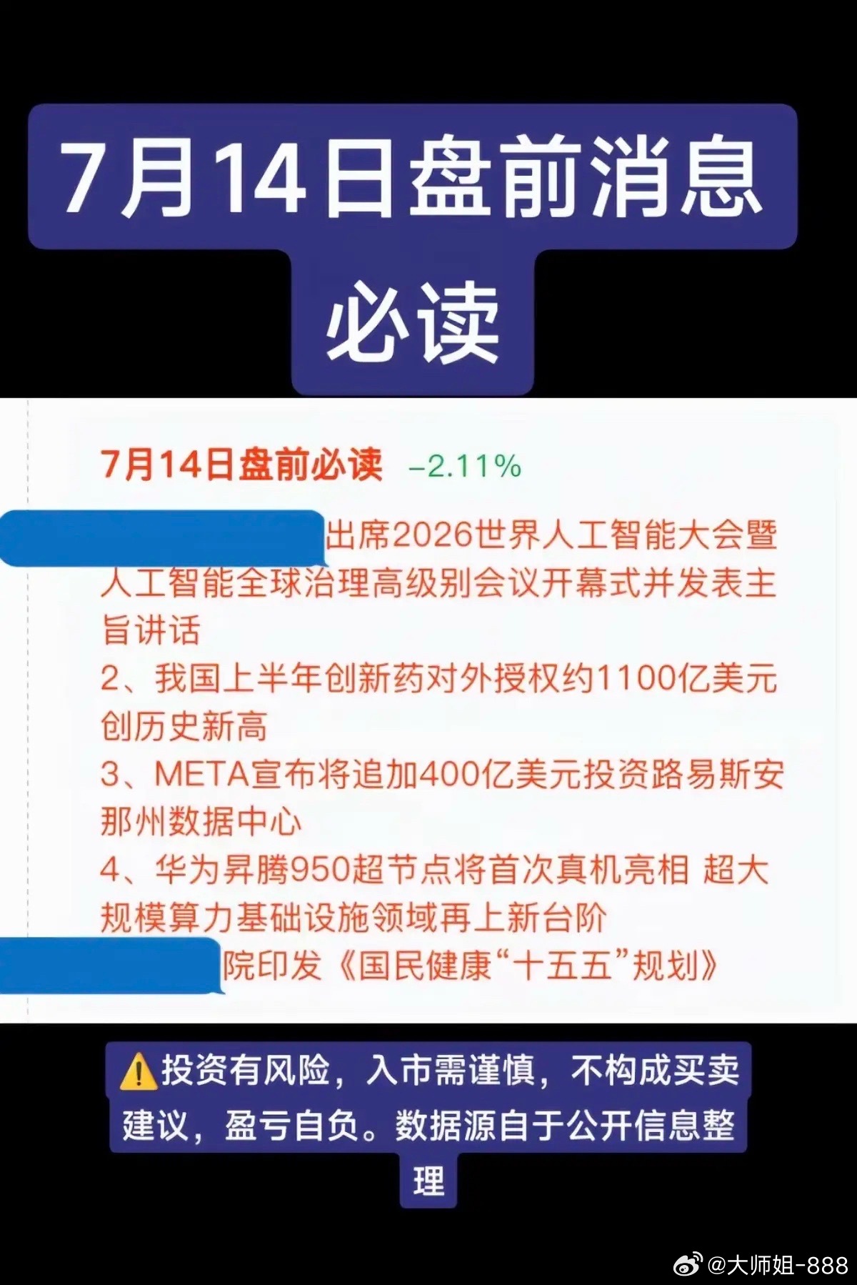 7.14周二  盘前：财经热点信息必读！1.人工智能，AI应用2.创新药3.算力