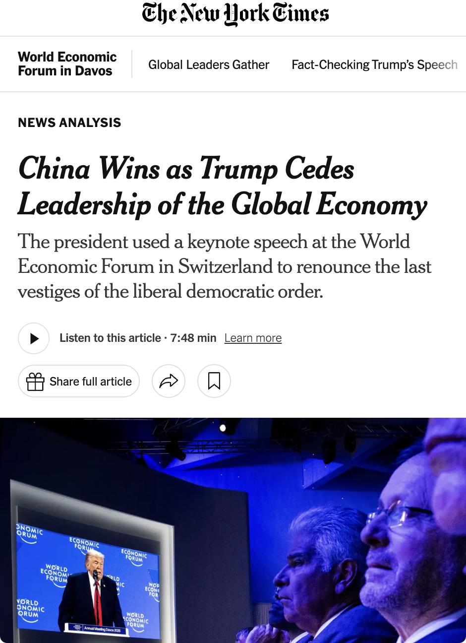 美媒：中国获胜，特朗普放弃全球经济领导权

特朗普在达沃斯世界经济论坛演讲中宣布