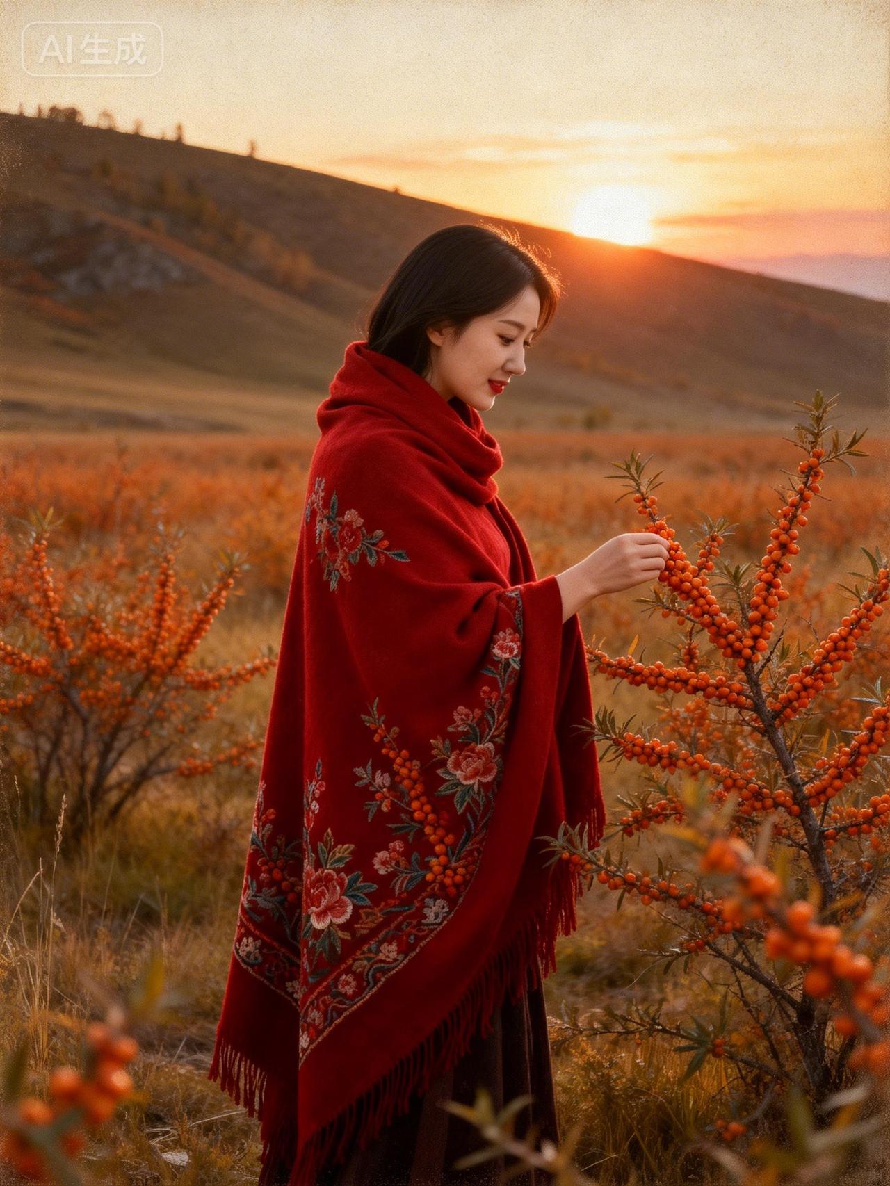 夕阳下的红衣女子，与橙果相伴，感受自然的美好。