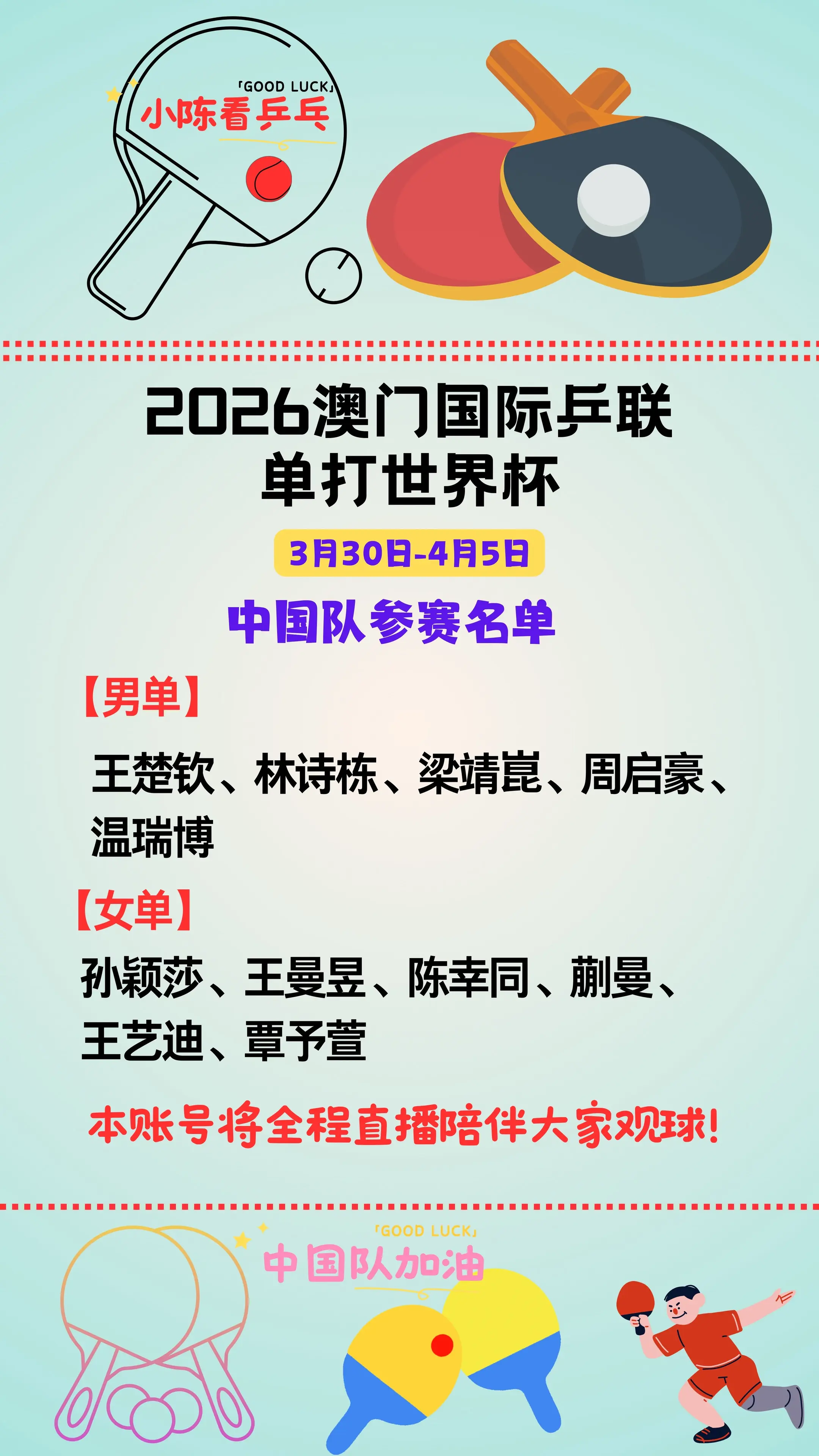 2026澳门单打世界杯中国队参赛名单。2026澳门国际乒联单打世界杯中...