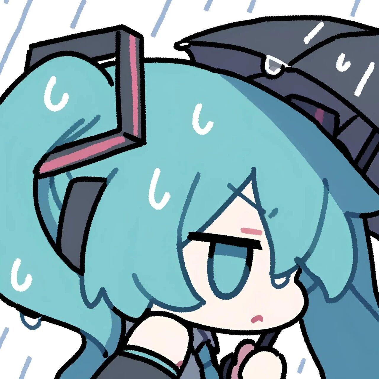 初音未来蓝发双马尾被小雨打湿，miku踩水哒哒跑～初音未来｜动漫头像｜可爱女头｜