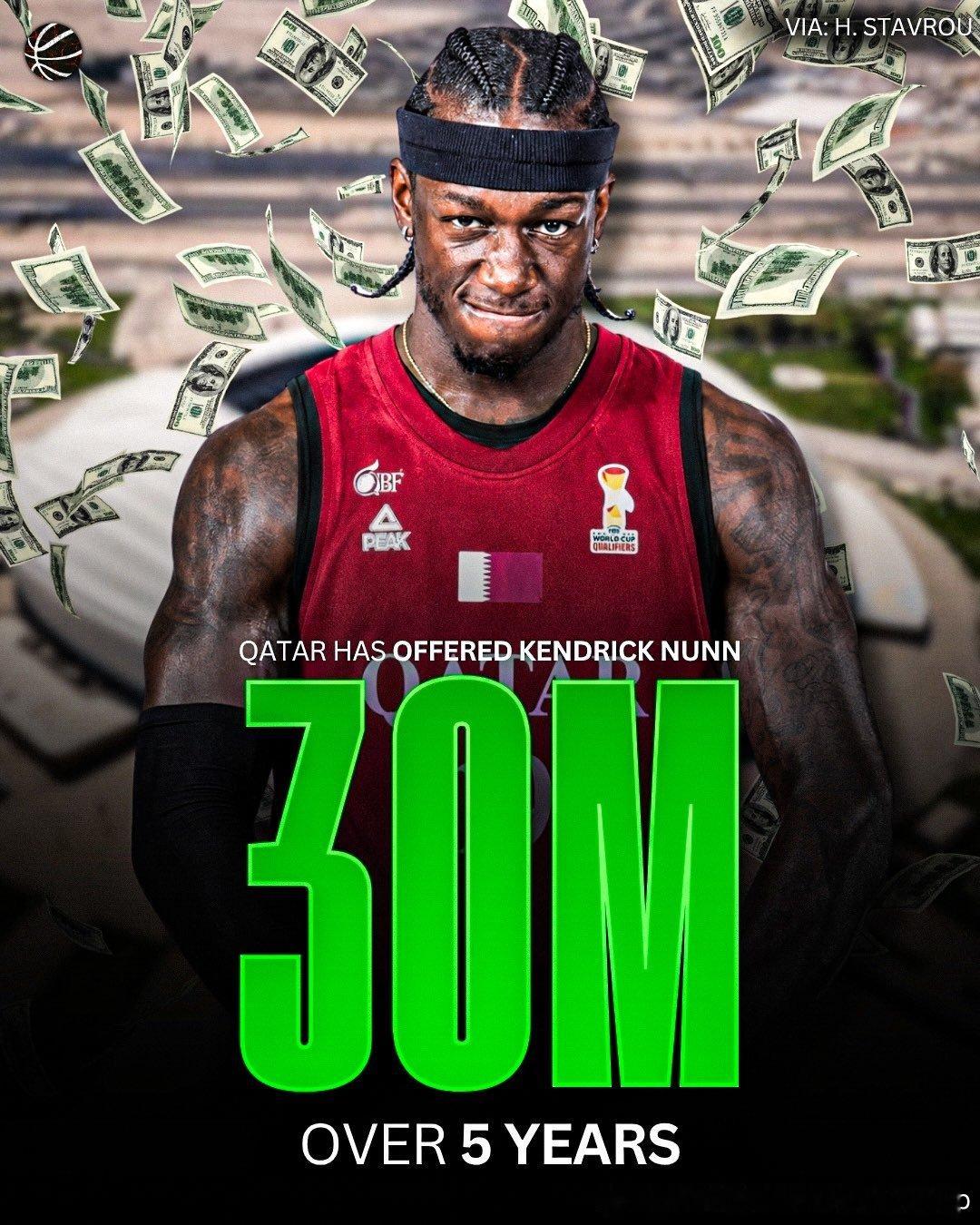 Kendrick Nunn与卡塔尔男篮的归化合同为5年3000万美金？这也太贵了