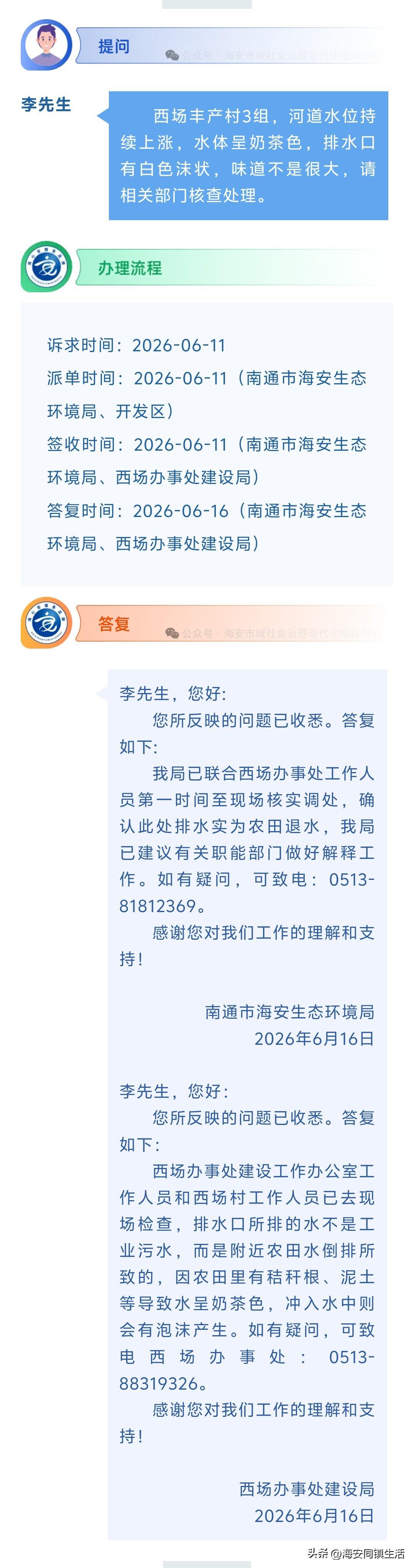 海安网友反映:  西场丰产村3组，河道水位持续上涨，水体呈奶茶色，排水口有白色沫