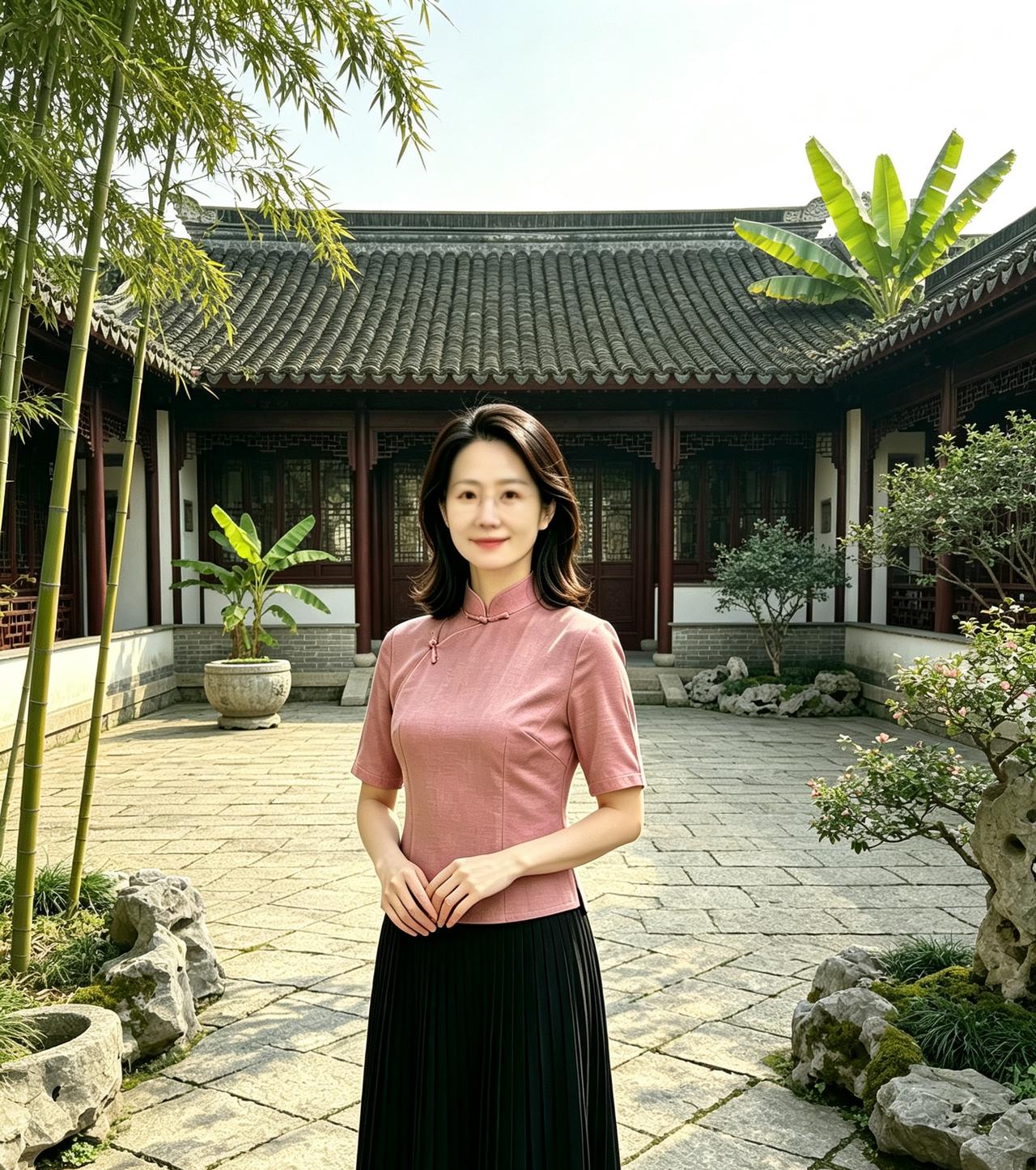 豆包帮我做的女人站在古典庭院里，这古典庭院看着很怪，一股民俗宿风，不像真正的古代