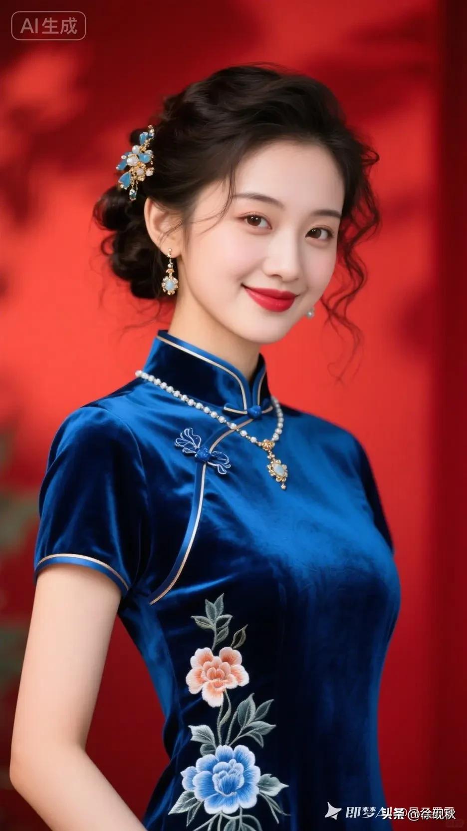 嫣然一笑百媚生，
恰似春风拂柳轻。
旗袍雅致衬娇绒，
眸若秋水映繁星。