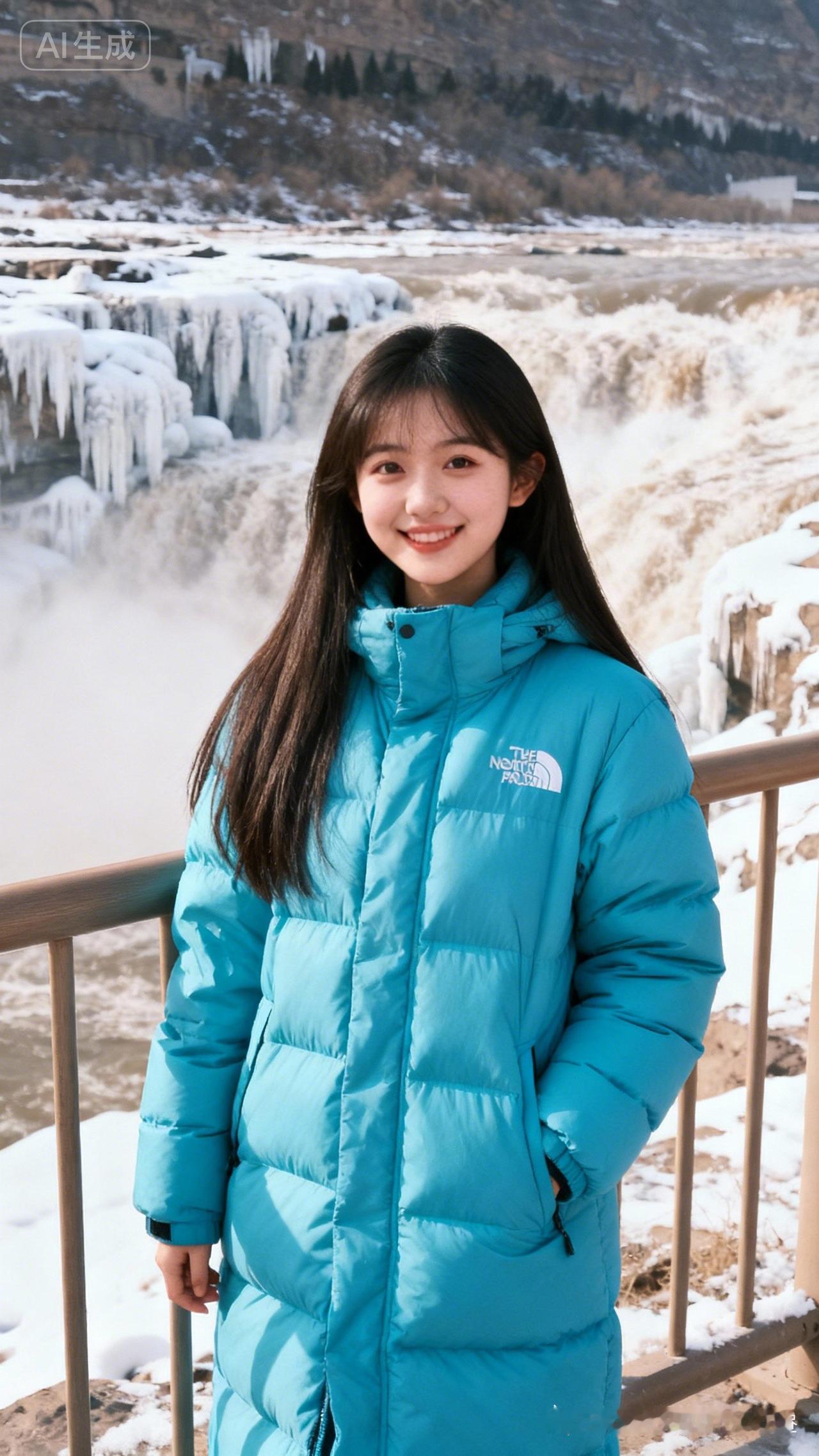冬日暖阳下的少女，微笑面对冰瀑，The North Face保暖外套，温暖如春。
