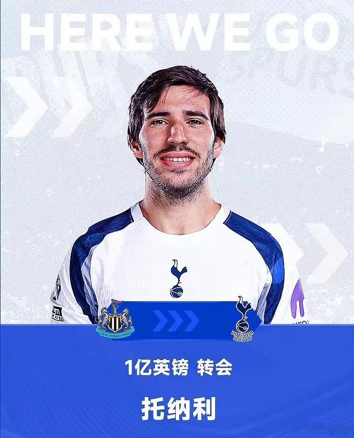 热刺1亿英镑签下托纳利7月2日讯，罗马诺标志性Here we go确认托纳利加盟