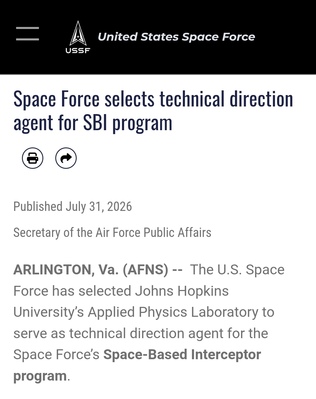 The U.S. Space Force has selected Johns 