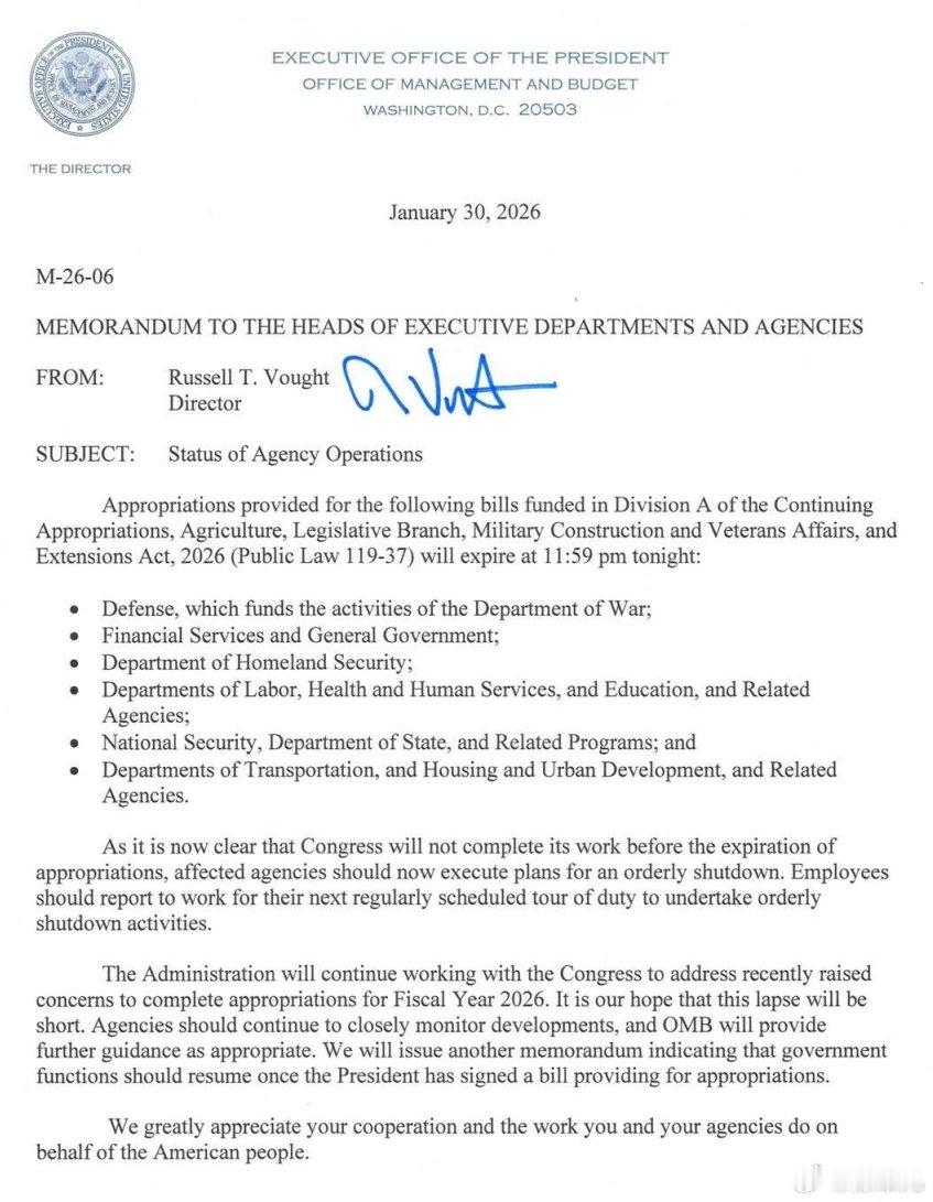 白宫管理和预算办公室确认美国政府停摆将于午夜开始。 