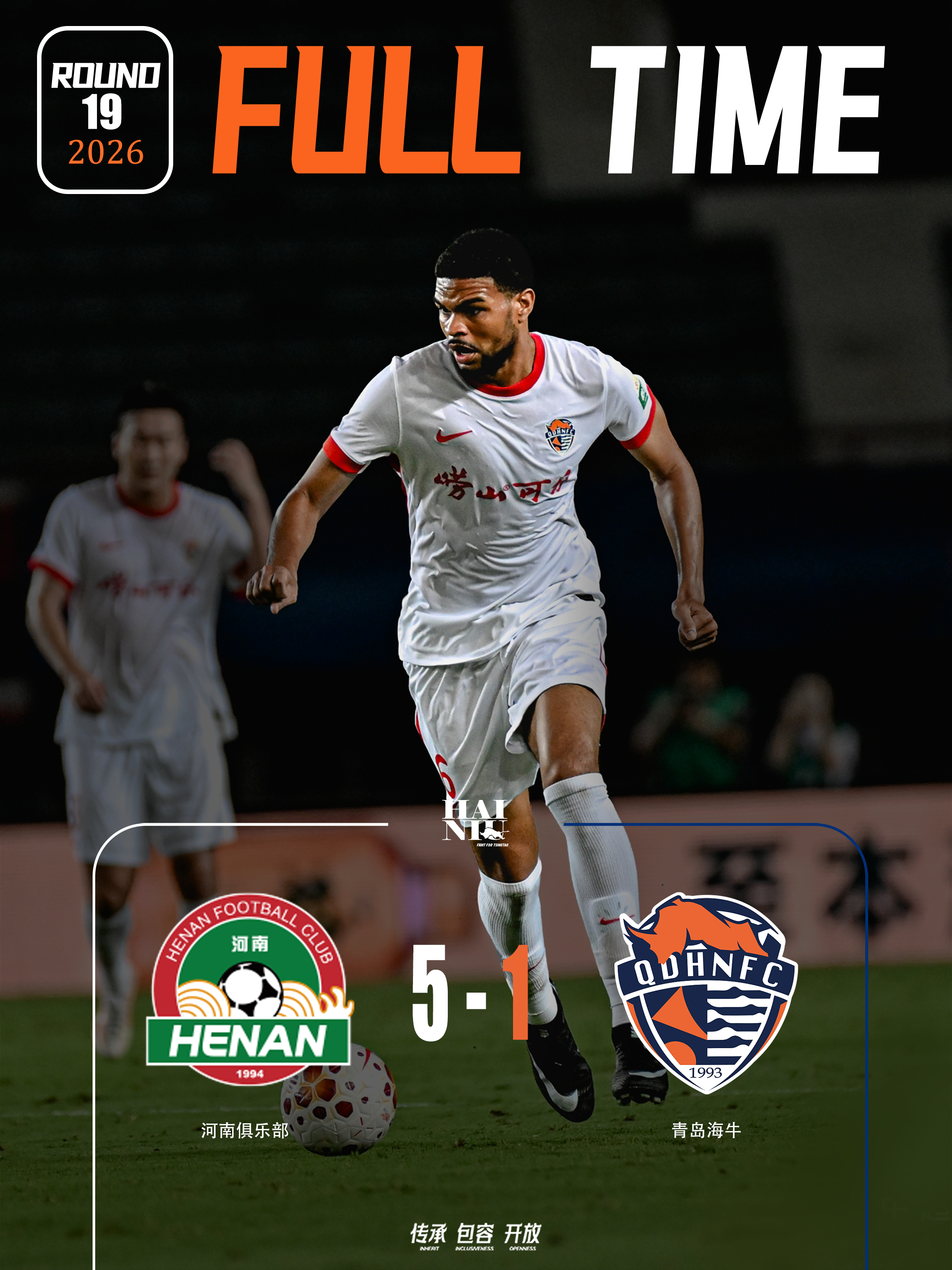 FULLTIME 全场比赛结束，青岛海牛客场1-5不敌河南队。青岛海牛为青岛而战